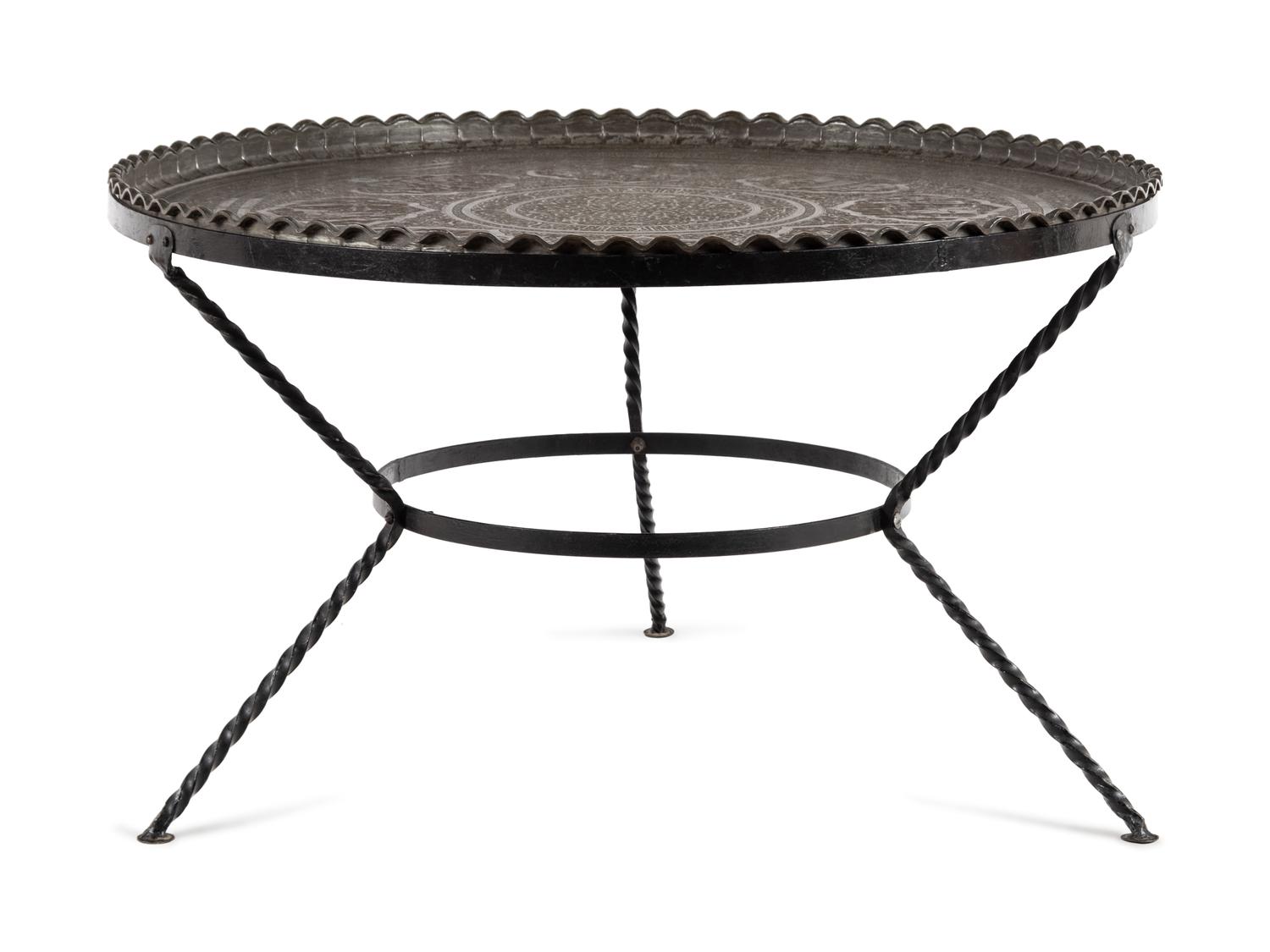 A Large Islamic Pressed Brass Tray on a Later Stand