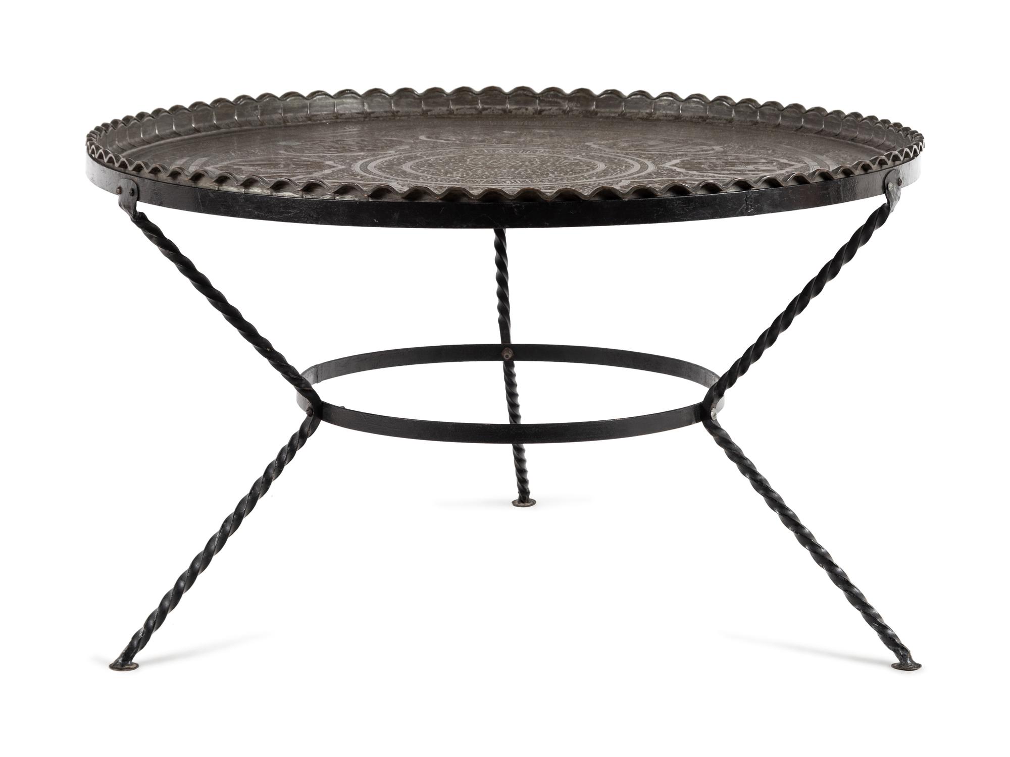 A Large Islamic Pressed Brass Tray on a Later Stand