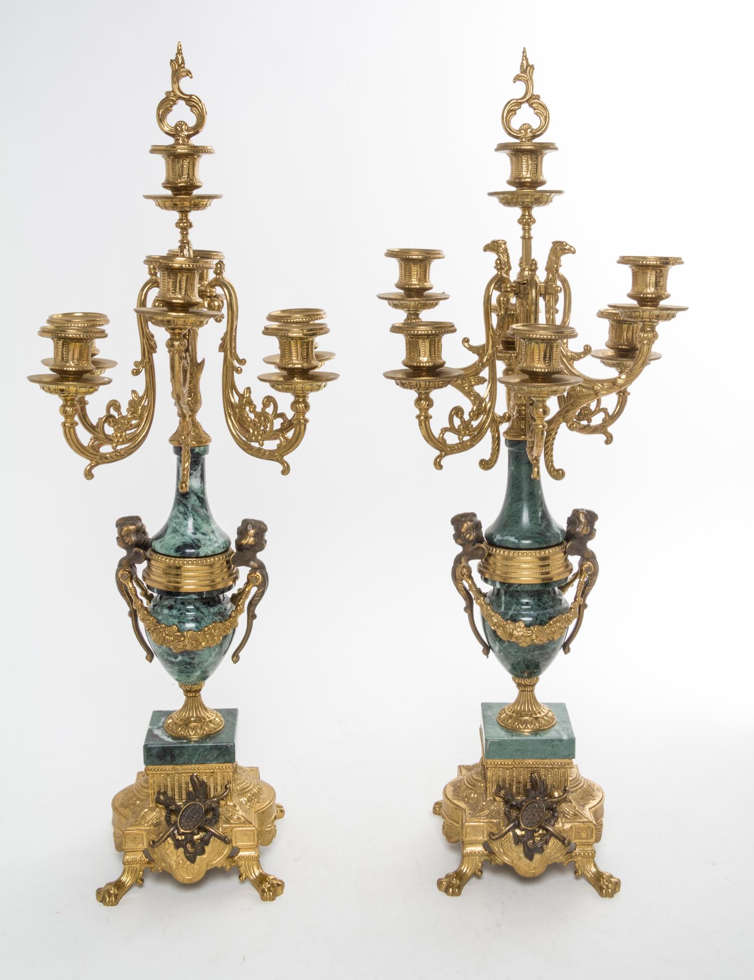 A Pair of Italian Gilt Metal Mounted Marble Seven-Light Candelabra Height 27 1/4 inches. — SECOND HALF 20TH CENTURY