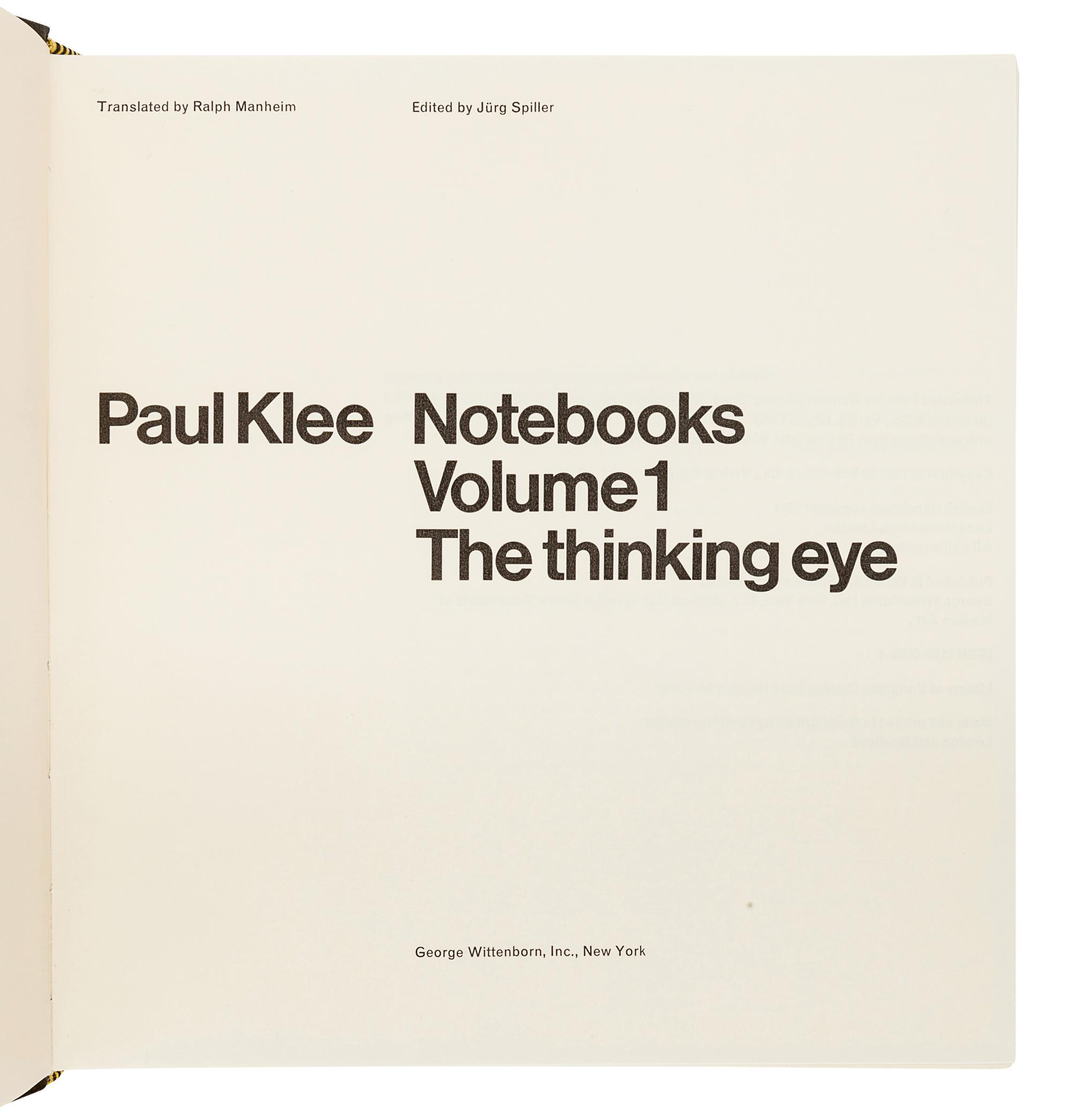 KLEE, Paul (1879-1940). Paul Klee Notebooks Volume 1: The Thinking Eye. -- Volume 2: The Nature of Nature. New York: George Wittenborn, 1973, 1978.