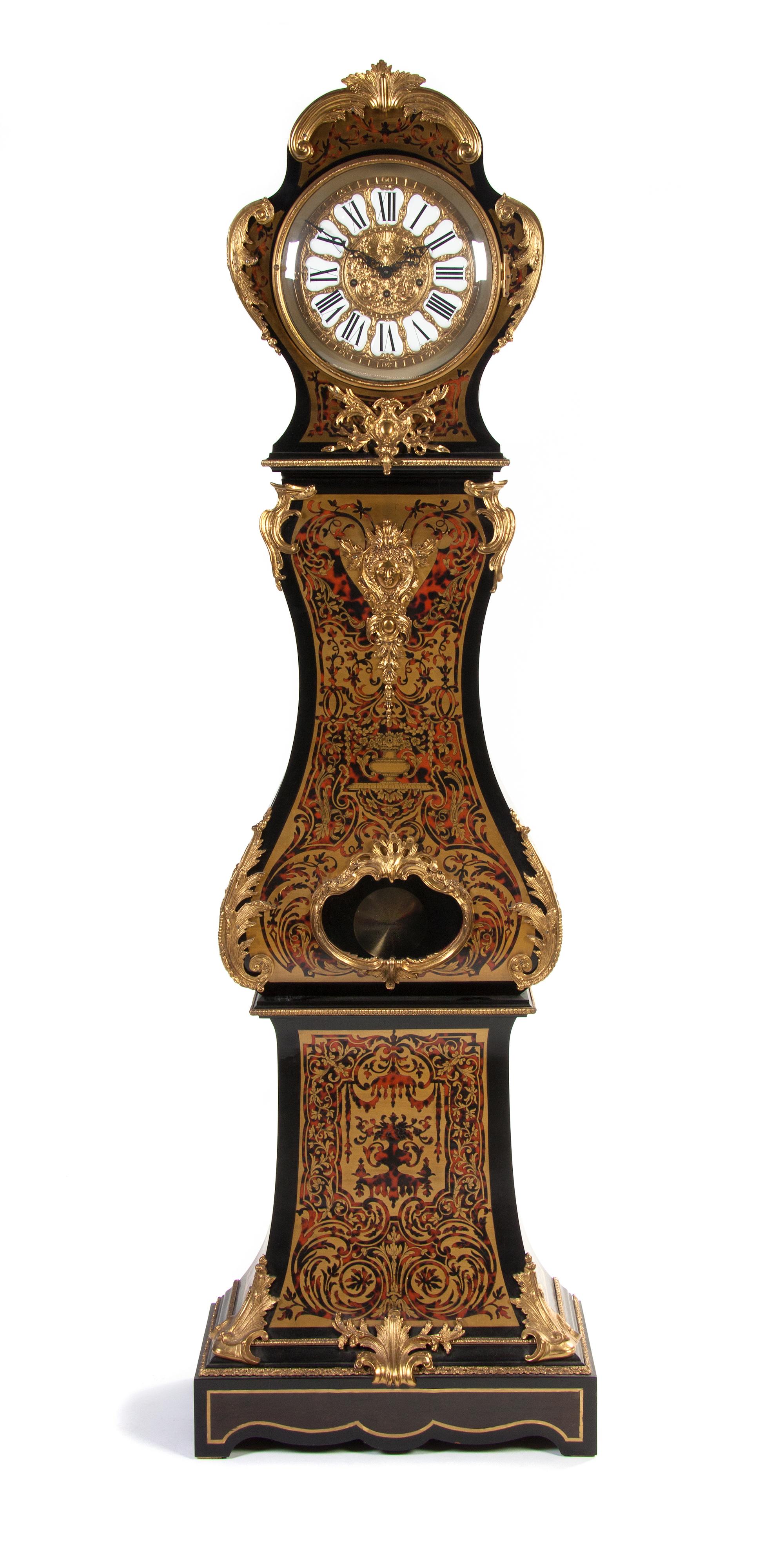 A Boulle Marquetry Tall Case Clock, Height 80 inches.