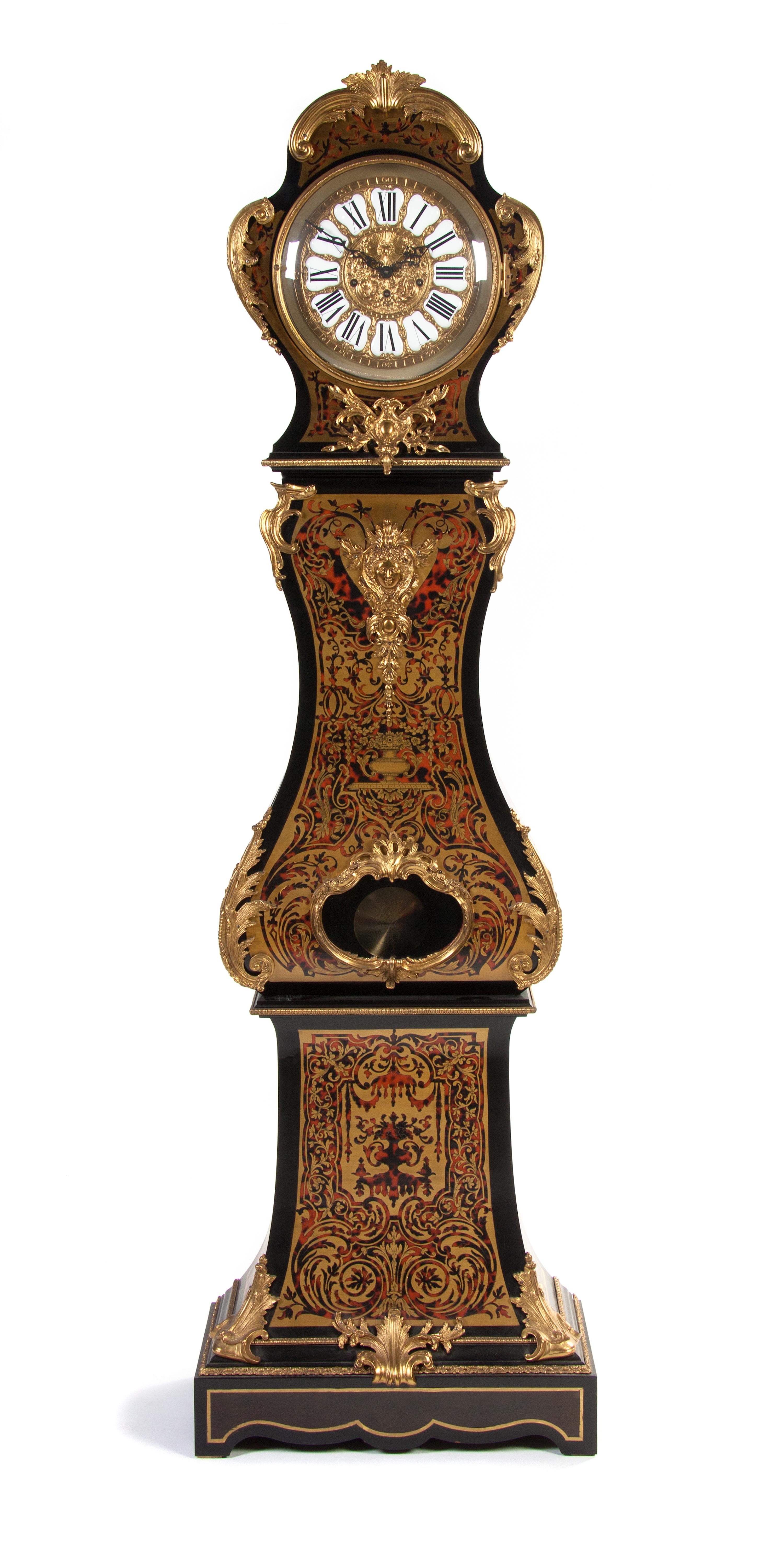 A Boulle Marquetry Tall Case Clock, Height 80 inches.
