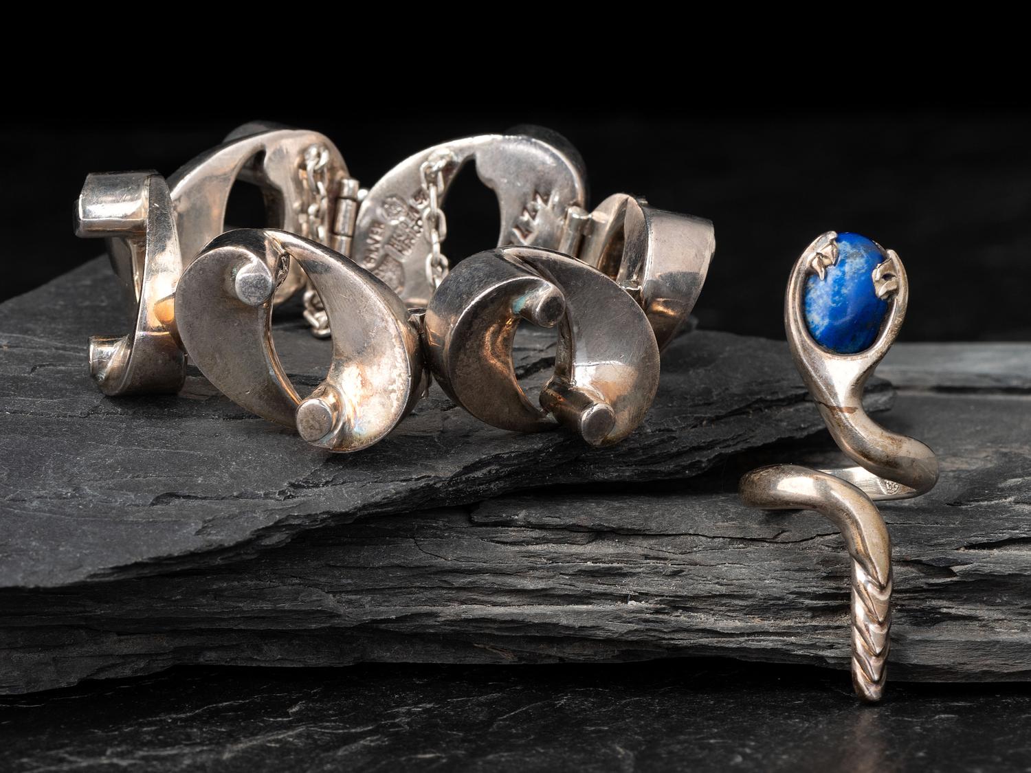 Taxco Sterling Silver Link Bracelet and Snake Ring,