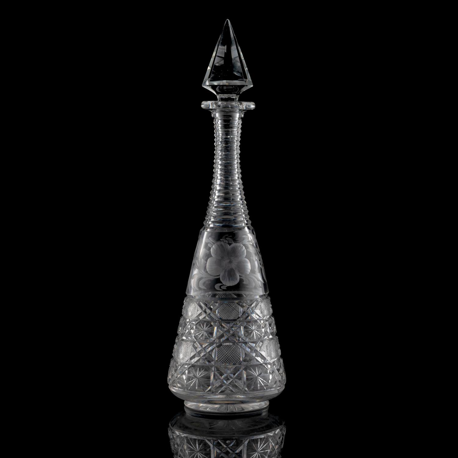 A Tuthill "Harvard" Cut Glass Decanter with Primroses