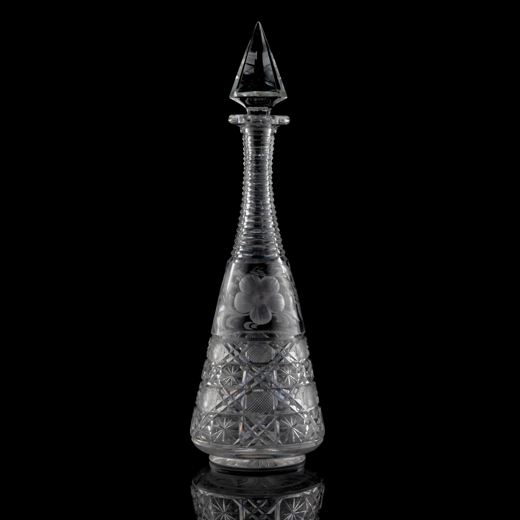 A Tuthill "Harvard" Cut Glass Decanter with Primroses