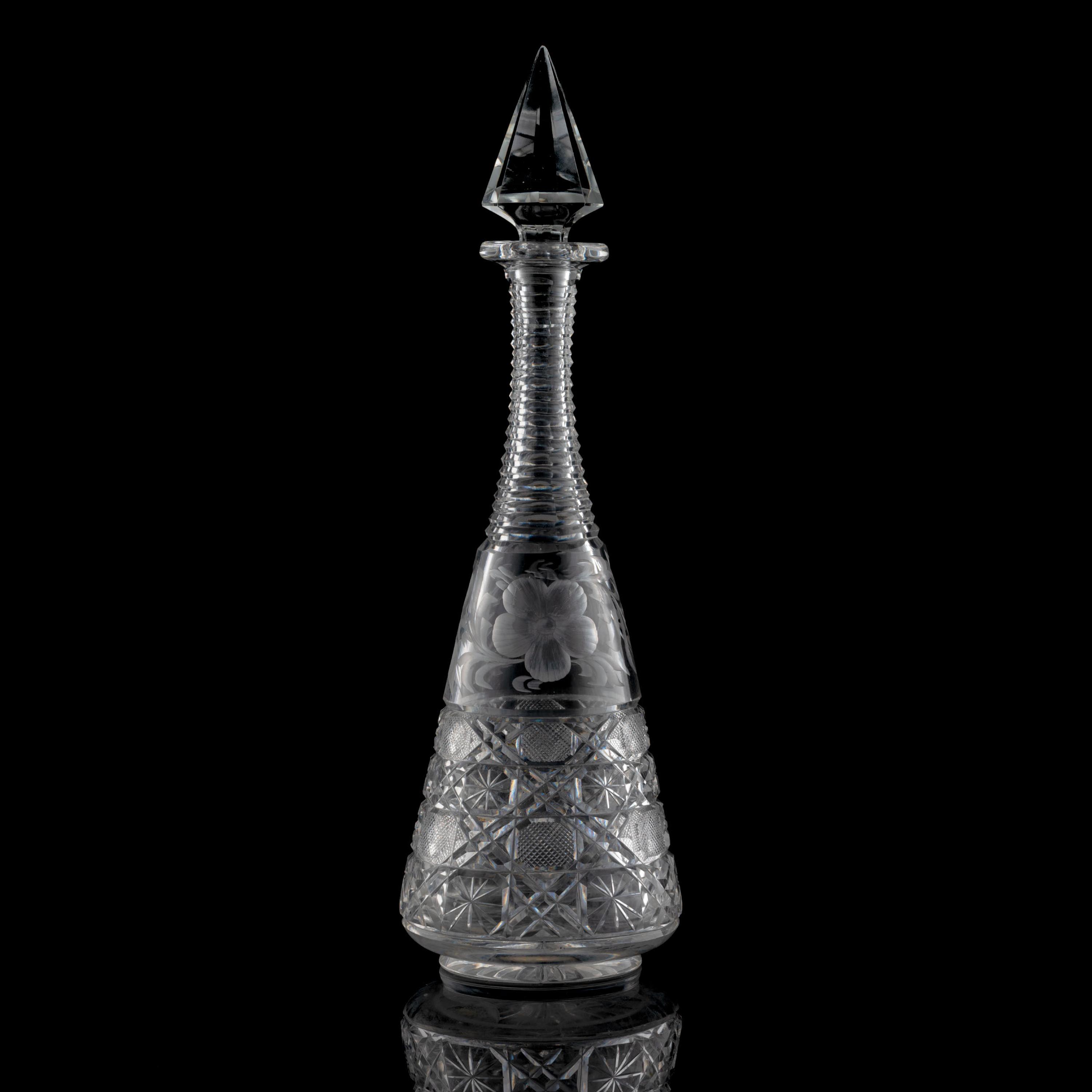 A Tuthill "Harvard" Cut Glass Decanter with Primroses