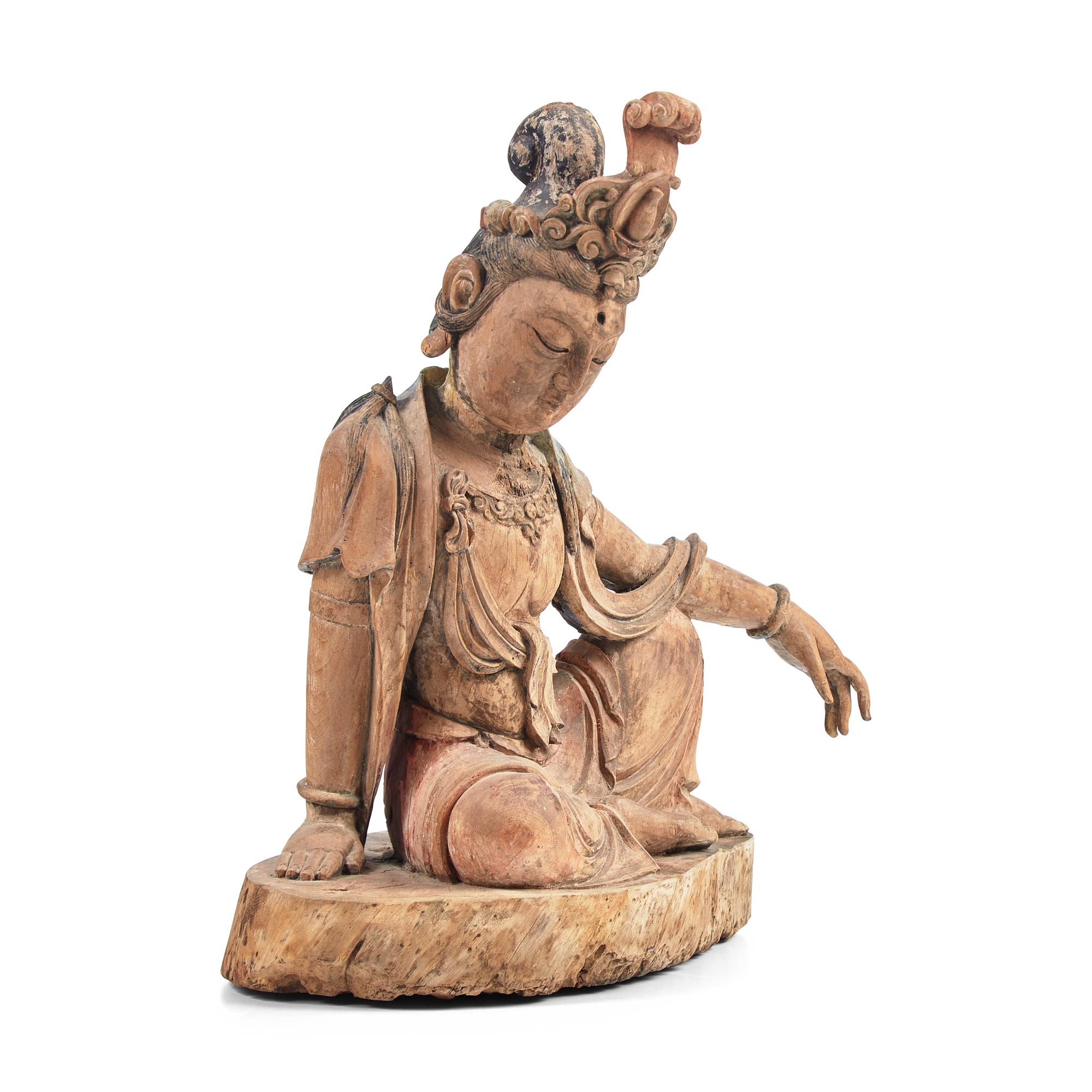 A Chinese Carved and Painted Wood Figure of Guanyin, Ming Dynasty or Earlier 明或更早 木雕彩繪水月觀音