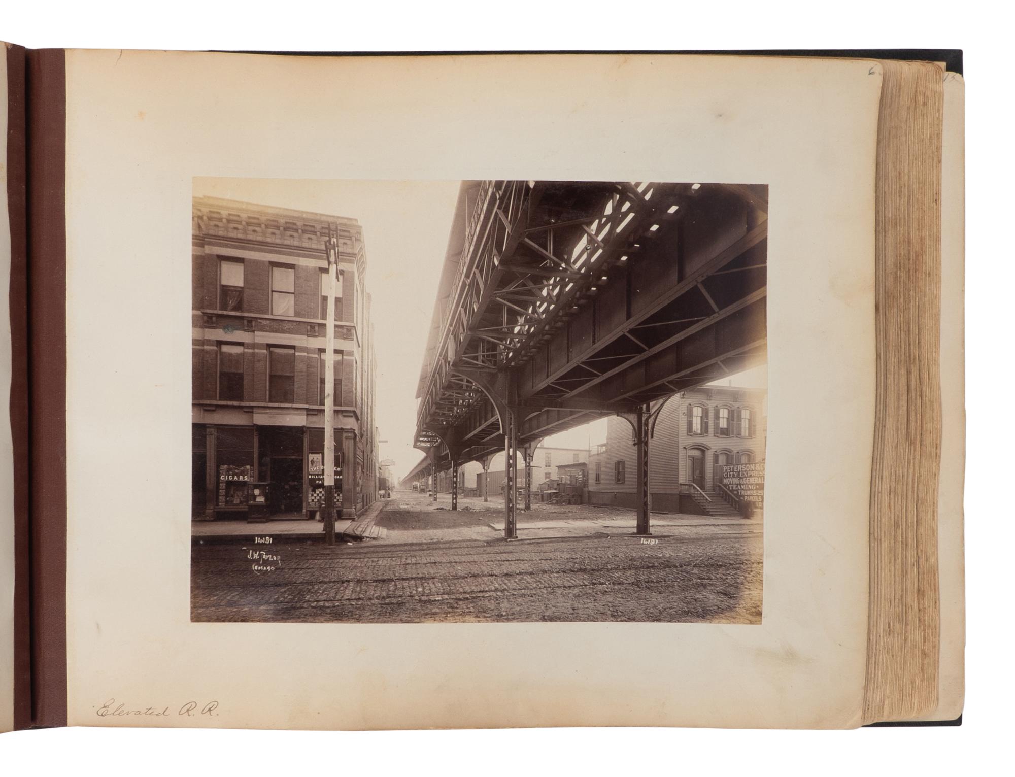 [CHICAGO]. TAYLOR, John W. (1846-1918), photographer. An album containing 154 albumen photographs of Chicago by a noted photographer, including important architectural images, as well as images relating to the preparations for the 1893 World's fair, the stockyards as described by Upton Sinclair, and more. Chicago, ca 1890.