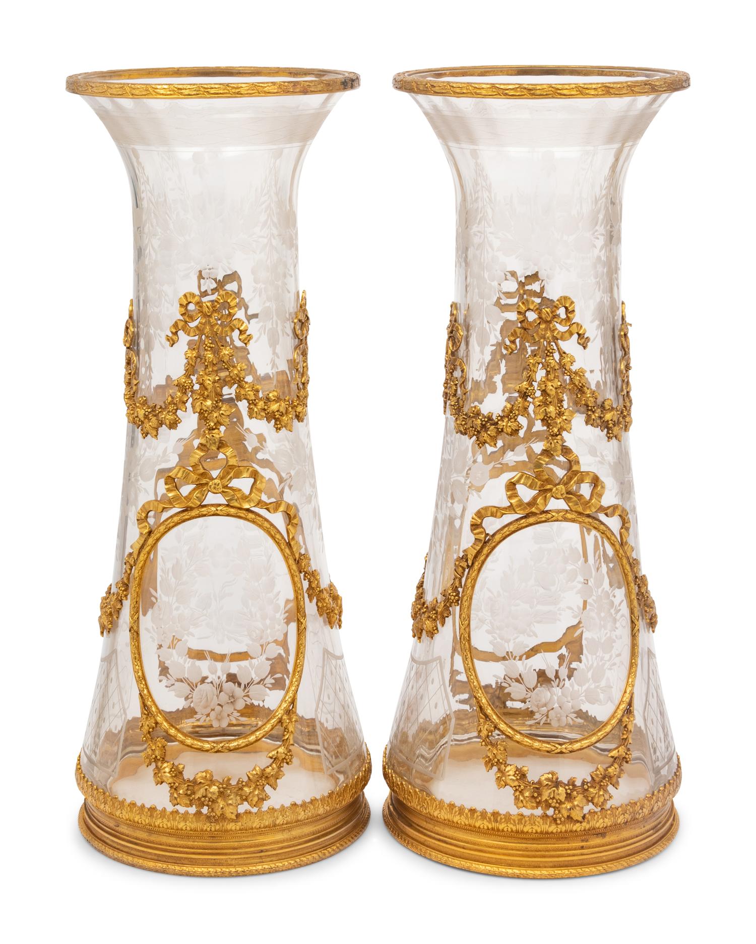 A Pair of French Gilt Metal Mounted Etched Glass Vases