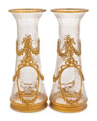 A Pair of French Gilt Metal Mounted Etched Glass Vases