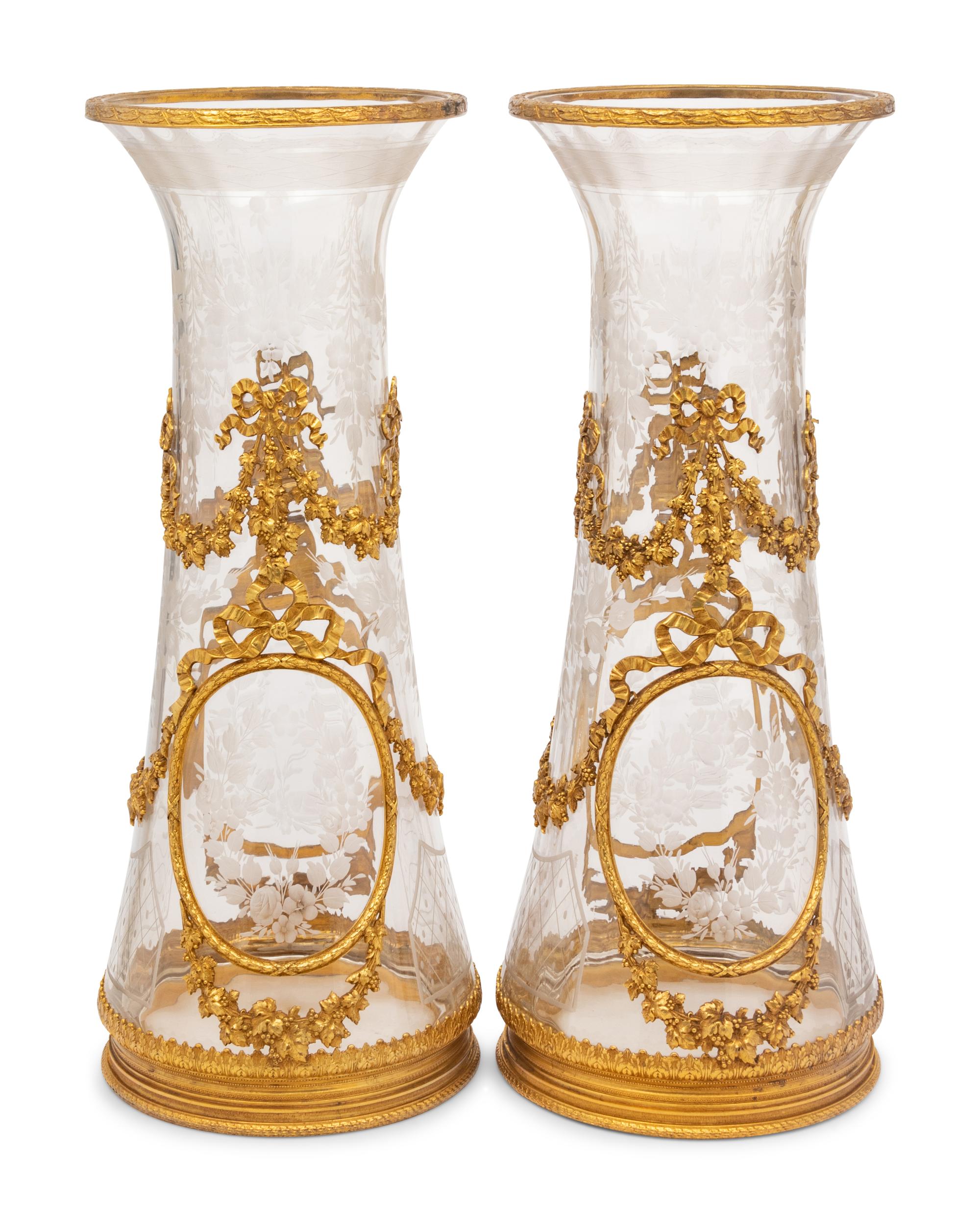 A Pair of French Gilt Metal Mounted Etched Glass Vases