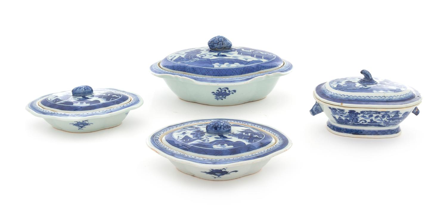 A Group of Four Canton Blue and White Covered Dishes Length of largest 10 5/8 inches. — 19TH CENTURY