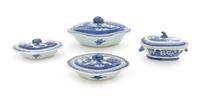 A Group of Four Canton Blue and White Covered Dishes Length of largest 10 5/8 inches. — 19TH CENTURY