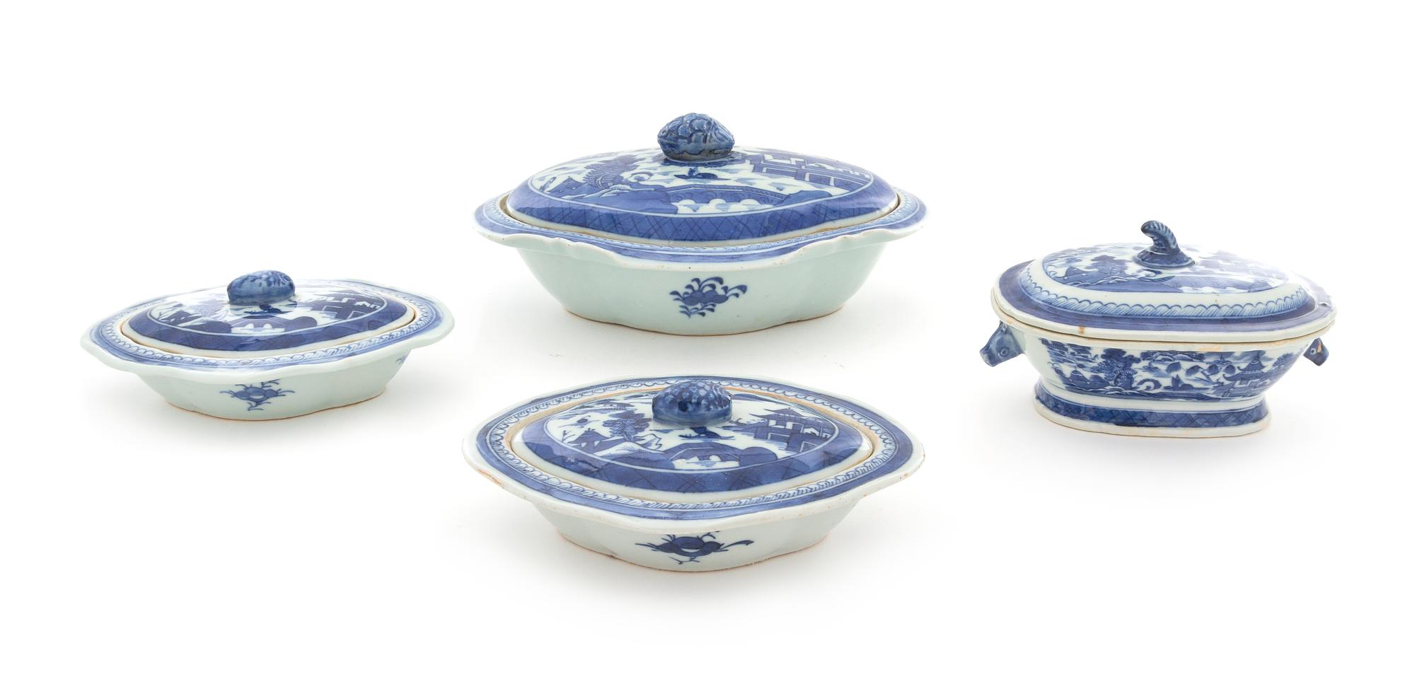 A Group of Four Canton Blue and White Covered Dishes Length of largest 10 5/8 inches. — 19TH CENTURY