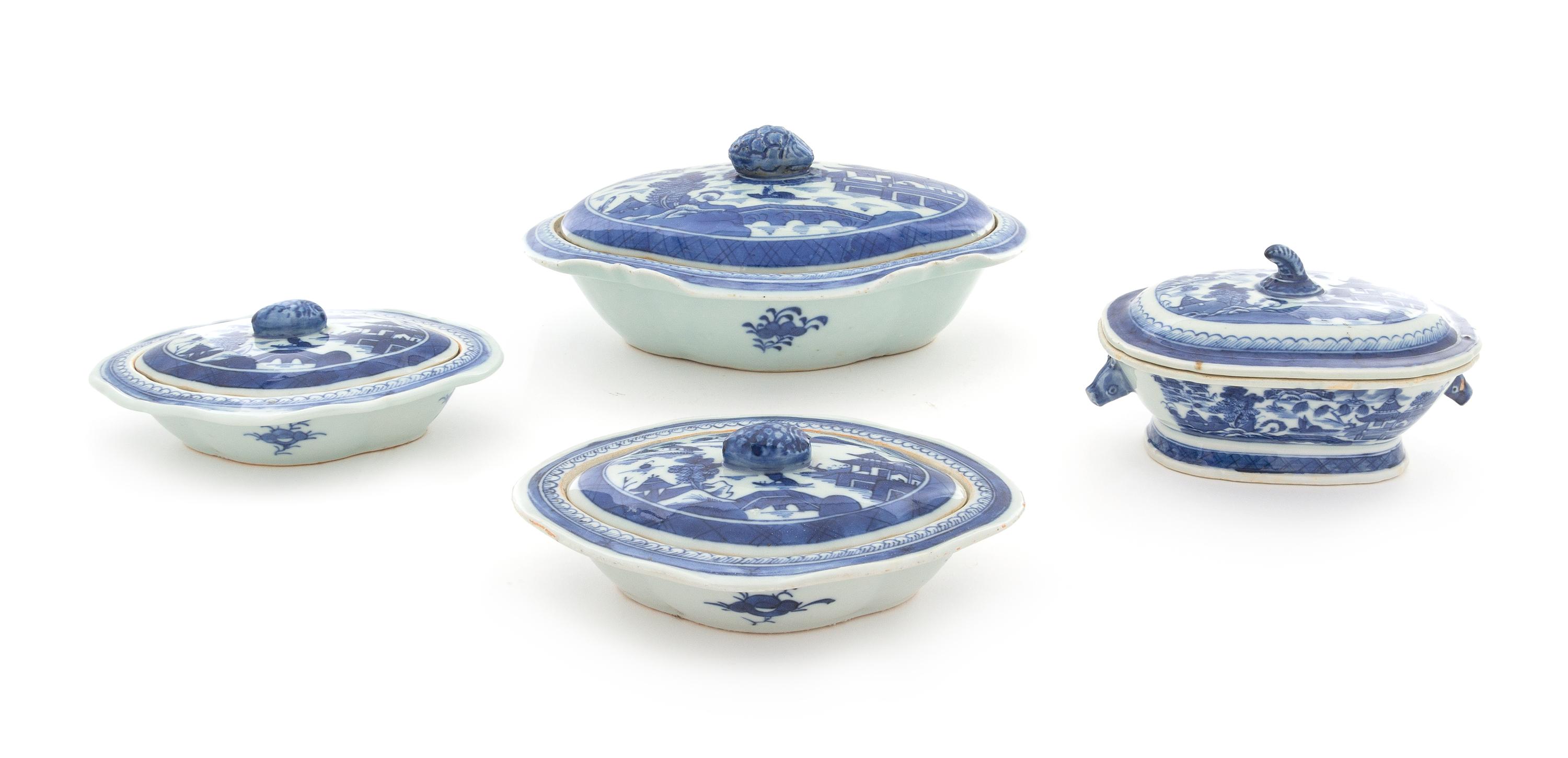 A Group of Four Canton Blue and White Covered Dishes Length of largest 10 5/8 inches. — 19TH CENTURY