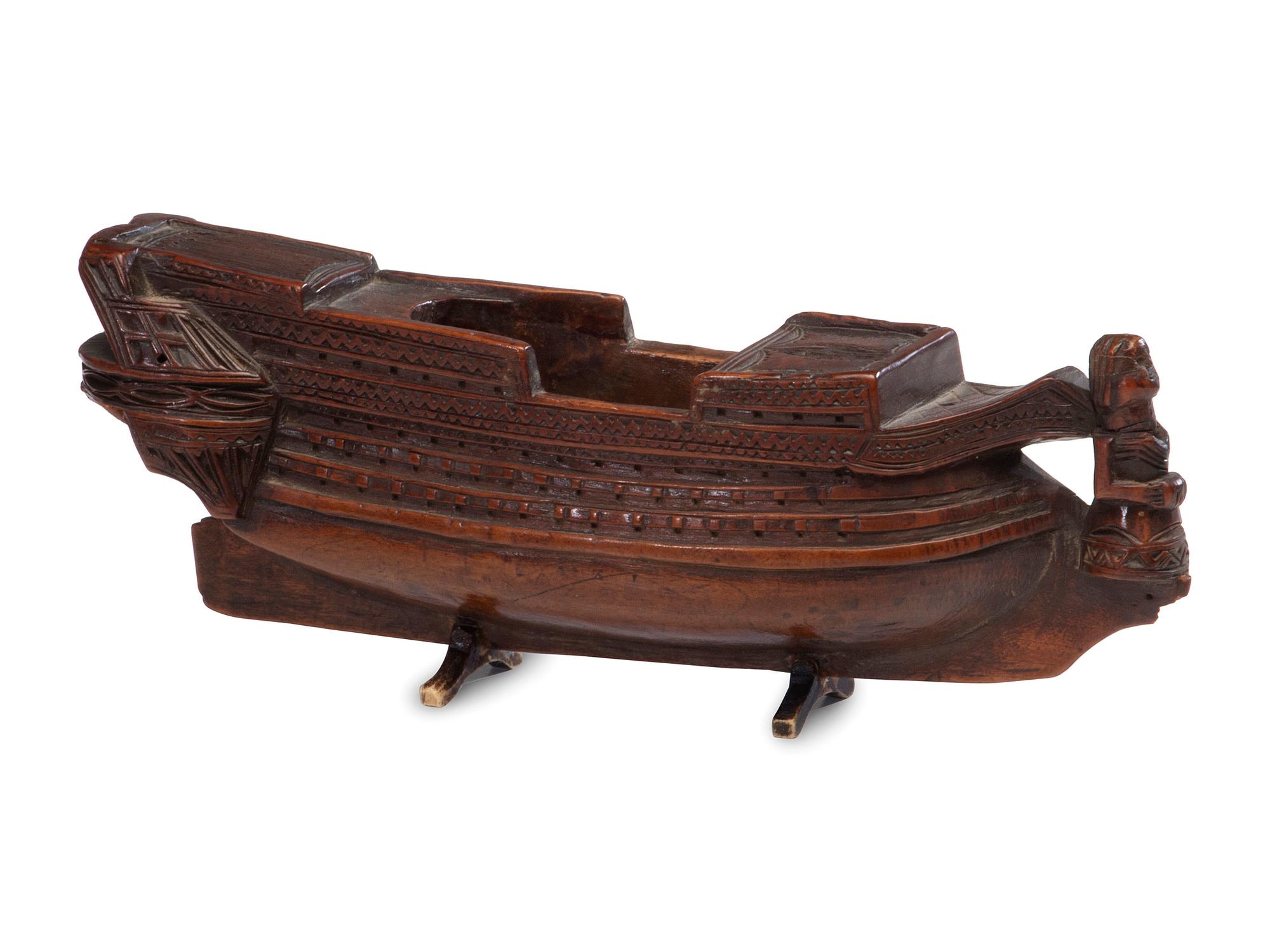 A French Prisoner of War Carved Boxwood Ship-Form Snuff Box