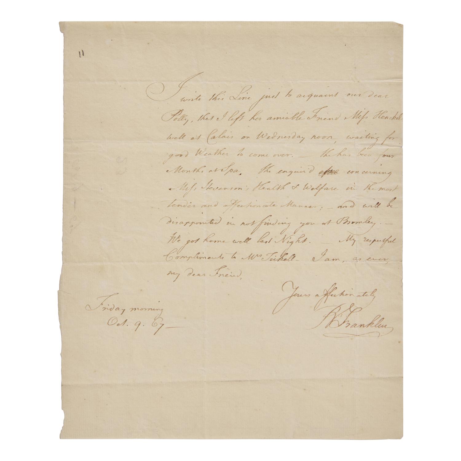 [Franklin, Benjamin] Franklin, Benjamin. Autograph Letter, signed