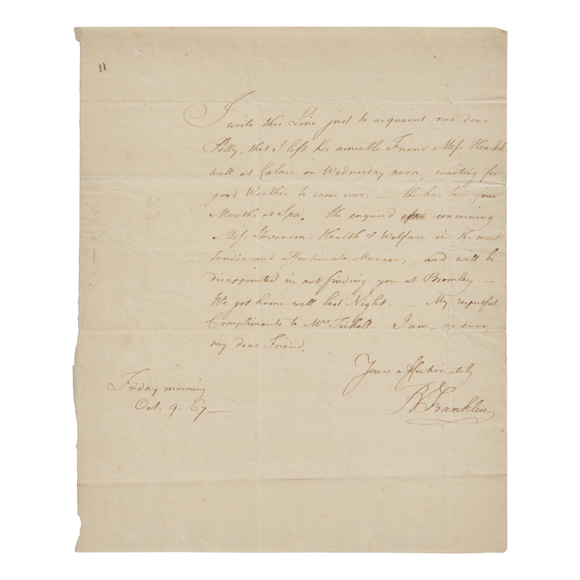 [Franklin, Benjamin] Franklin, Benjamin. Autograph Letter, signed