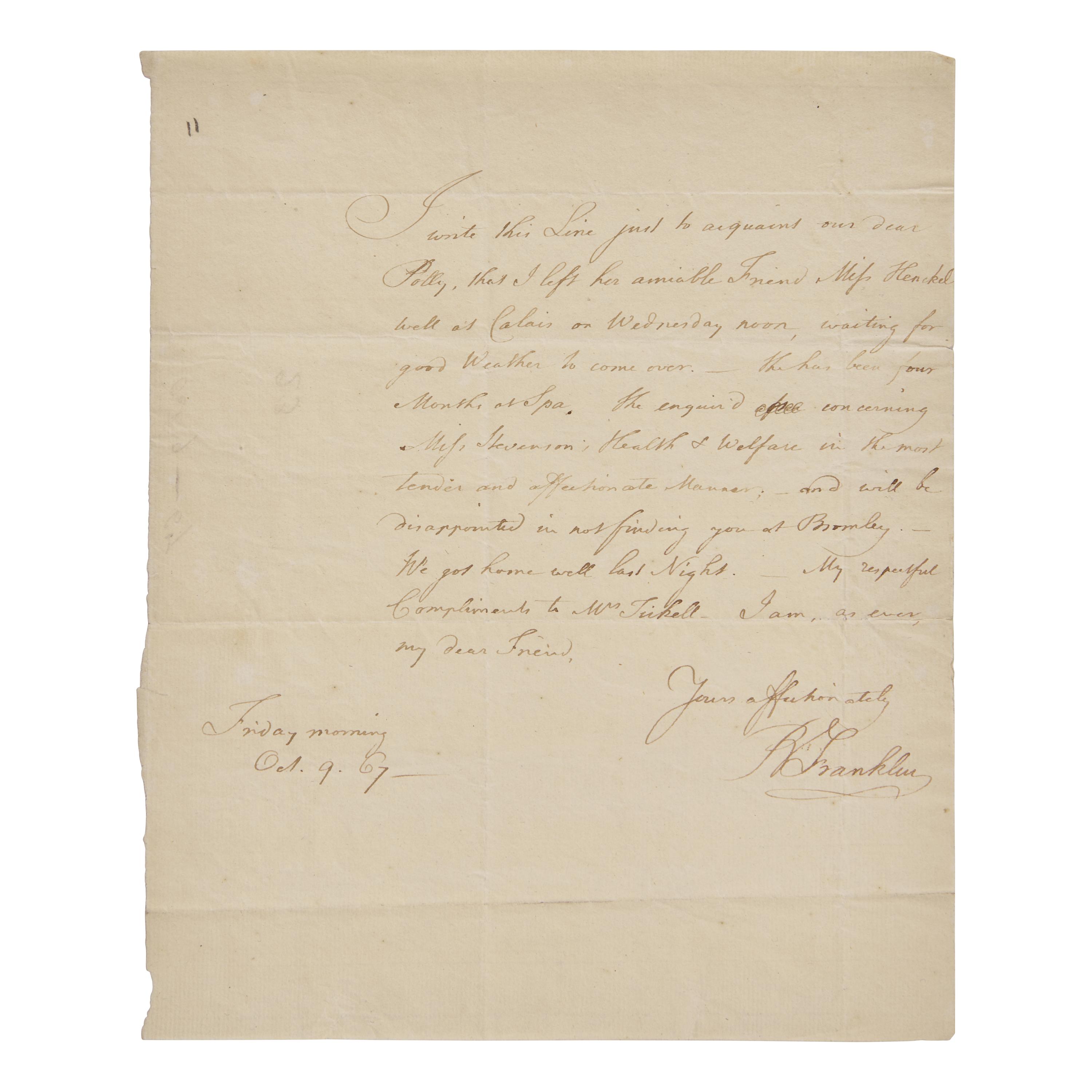 [Franklin, Benjamin] Franklin, Benjamin. Autograph Letter, signed