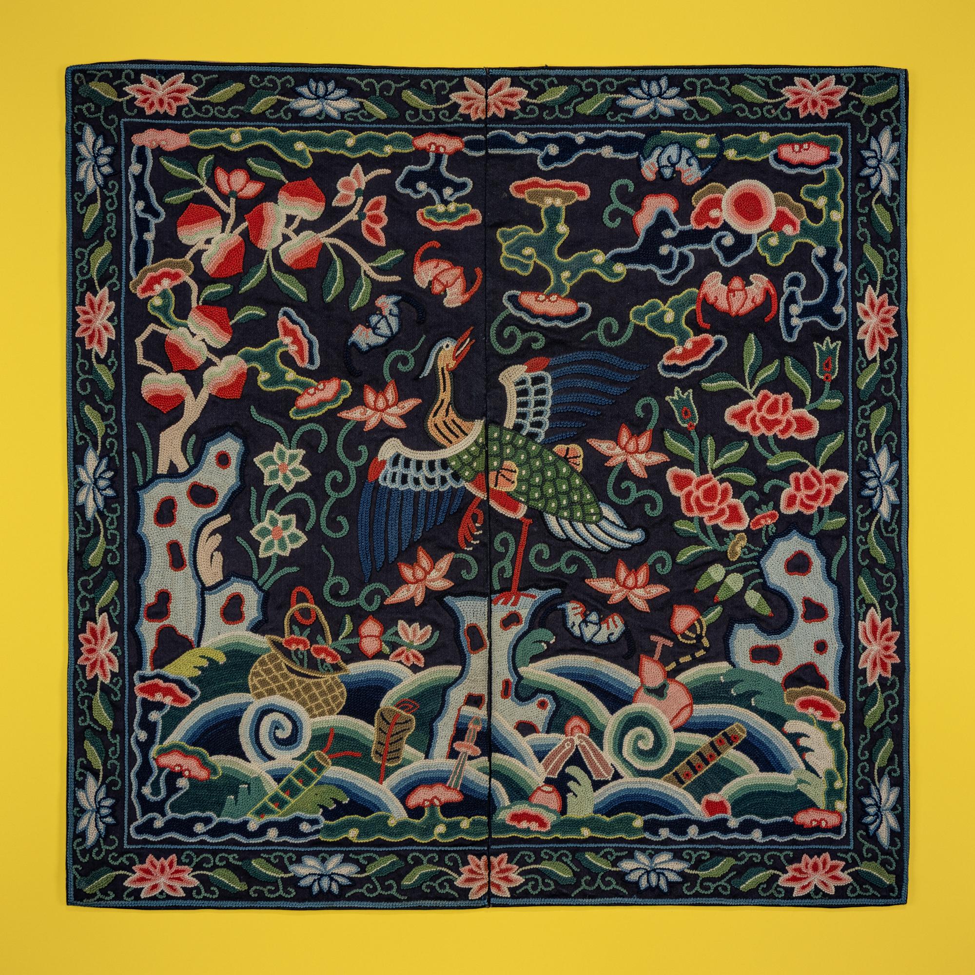 A Chinese Embroidered Silk 'Mandarin Duck' Rank Badge, Jiaqing Period — 清嘉慶 拉鎖綉三品文官孔雀補子