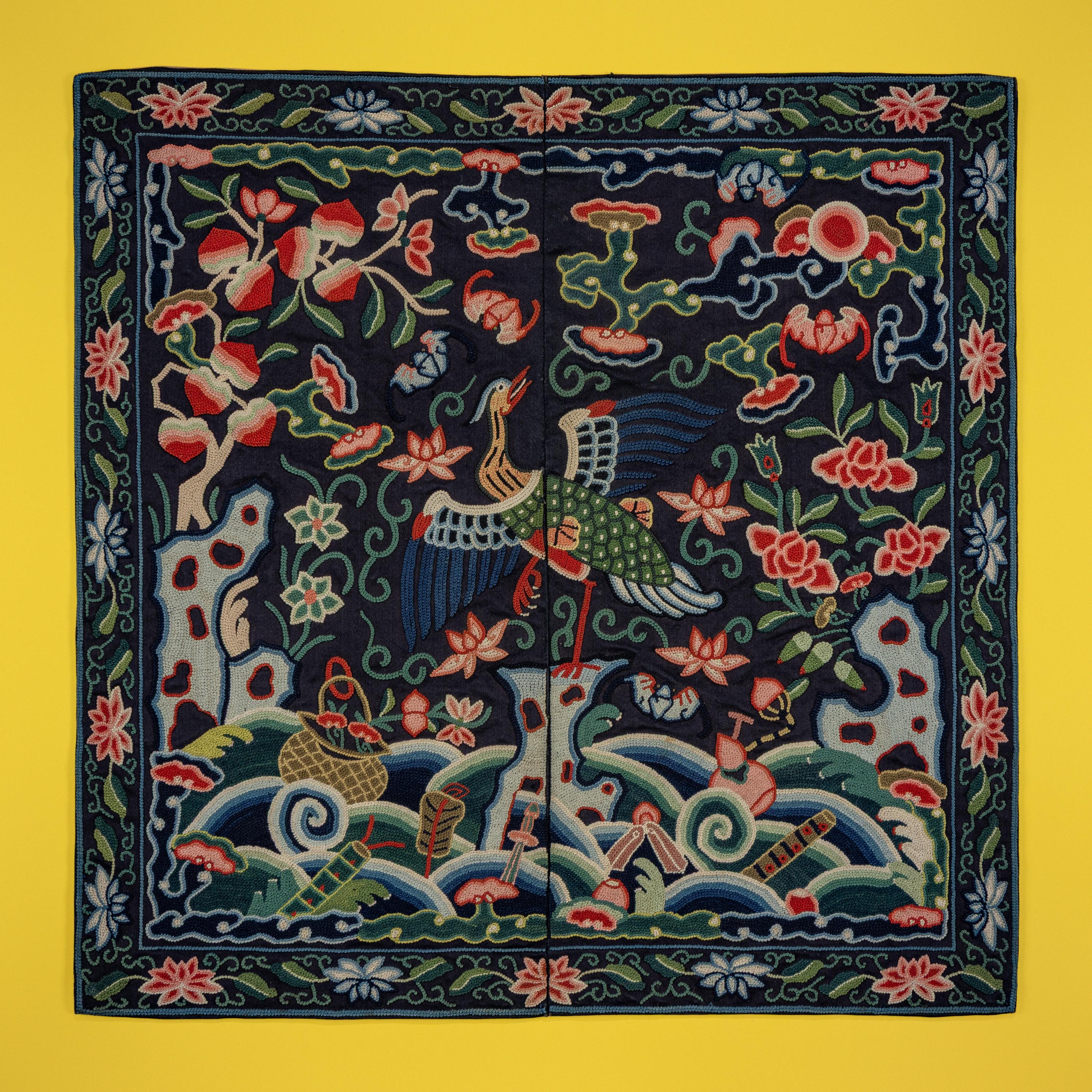 A Chinese Embroidered Silk 'Mandarin Duck' Rank Badge, Jiaqing Period — 清嘉慶 拉鎖綉三品文官孔雀補子