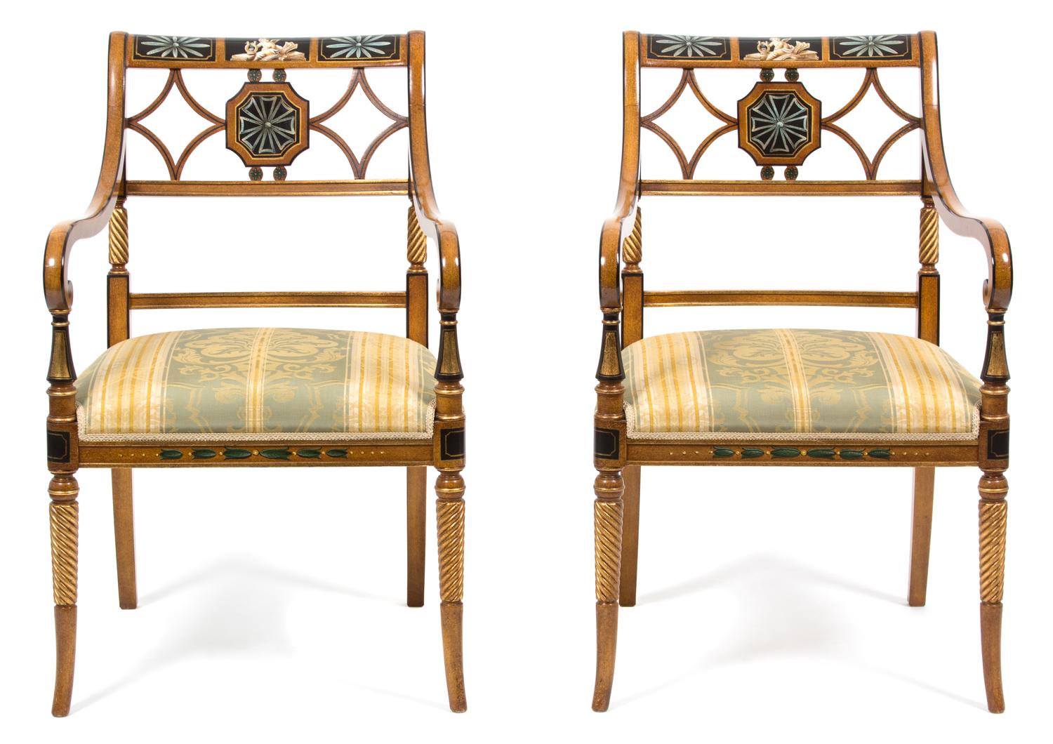 A Pair of Regency Style Faux Painted Open Armchairs Height 33 inches. — 20TH CENTURY