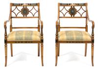 A Pair of Regency Style Faux Painted Open Armchairs Height 33 inches. — 20TH CENTURY