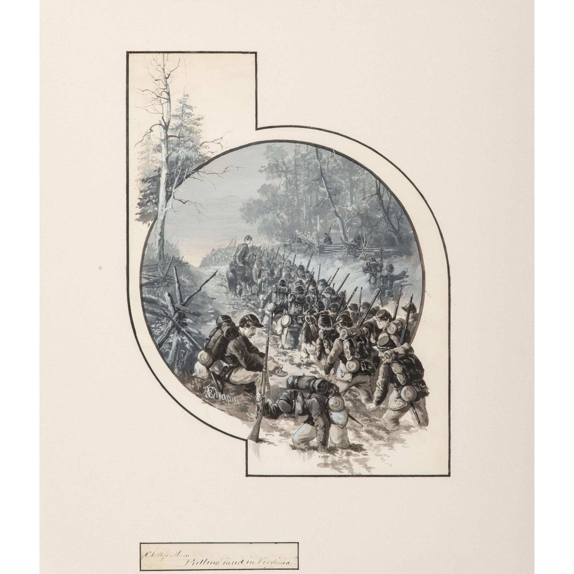 John R. Chapin, Watercolor and Gouache Depicting Soldiers Slogging through Mud
