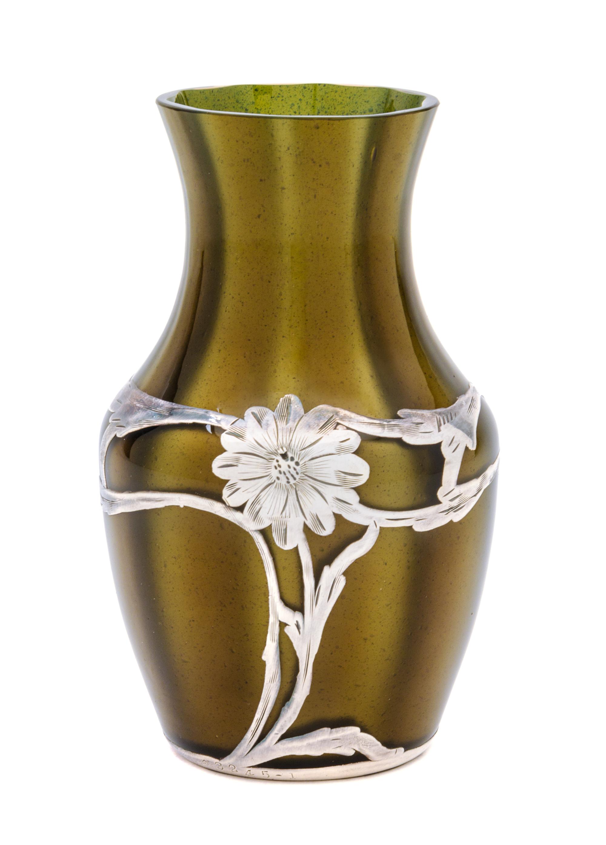 A Loetz Silver Overlay Metallin Glass Vase Height 4 1/2 inches.