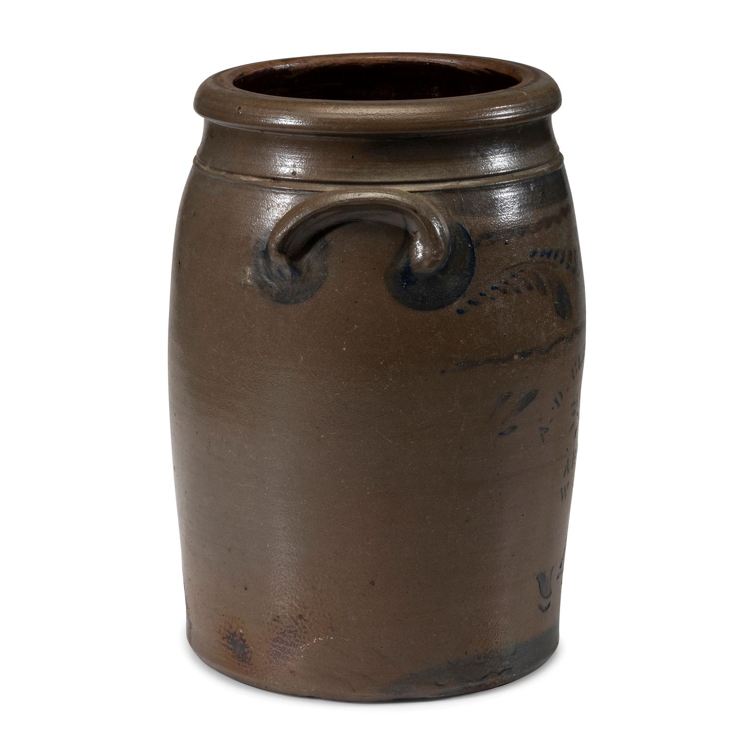A Four-Gallon A.D. Clements Andy, West Virginia Cobalt and Stencil Decorated Stoneware Crock