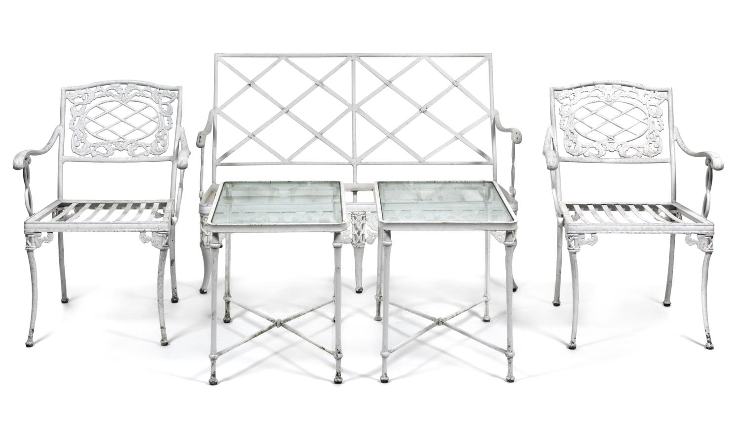 A Suite of White Painted Aluminum Garden Furniture Height of settee 33 x width 49 x depth 27 inches.