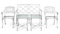 A Suite of White Painted Aluminum Garden Furniture Height of settee 33 x width 49 x depth 27 inches.