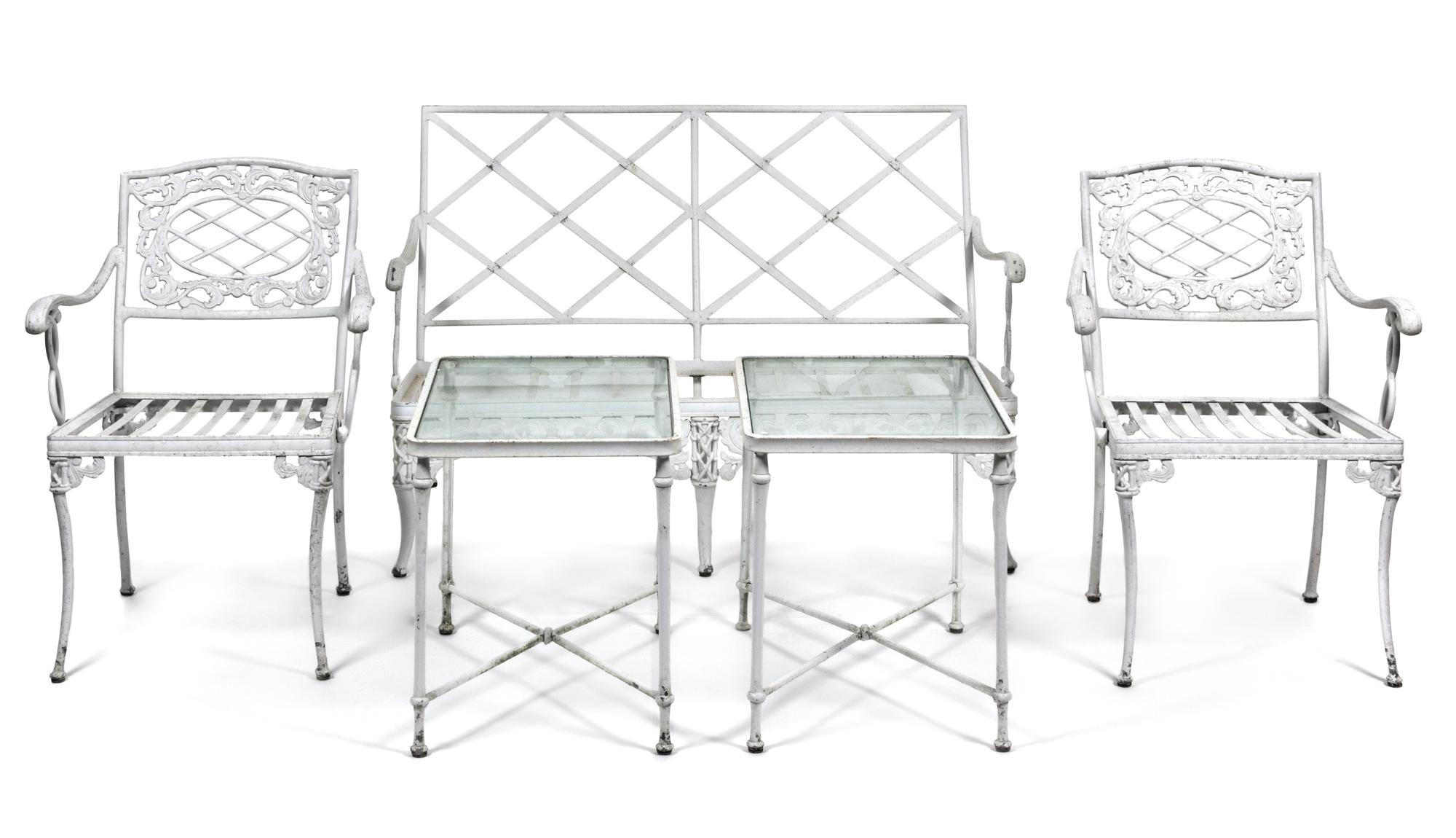 A Suite of White Painted Aluminum Garden Furniture Height of settee 33 x width 49 x depth 27 inches.