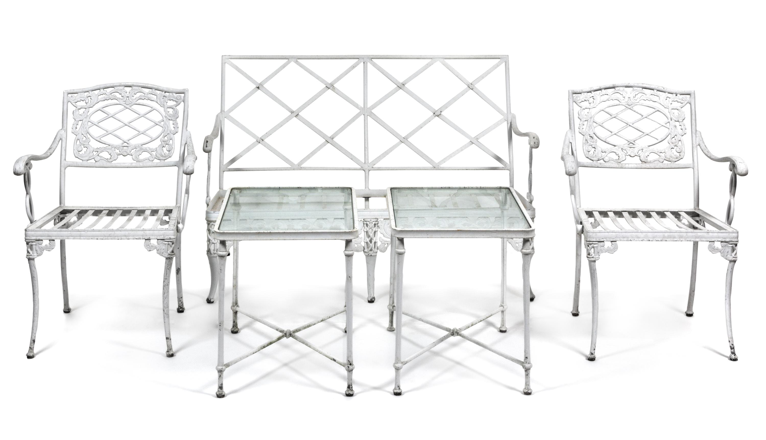 A Suite of White Painted Aluminum Garden Furniture Height of settee 33 x width 49 x depth 27 inches.