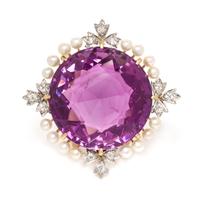 An Edwardian Platinum Topped Gold, Amethyst, Diamond and Seed Pearl Pendant/Brooch, 11.00 dwts.
