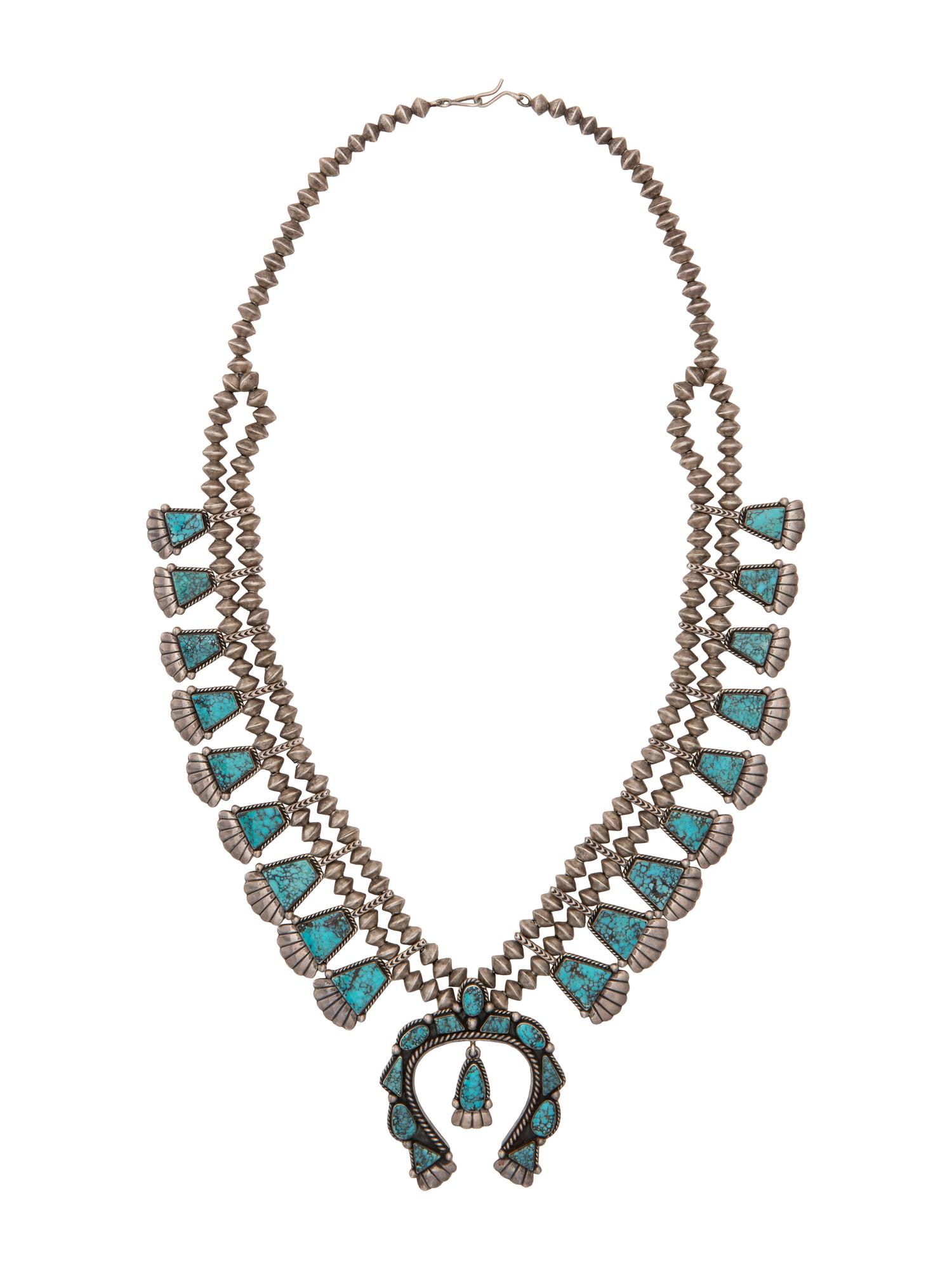 Silver and Black Diamond Turquoise Squash Blossom Necklace and Screwback Earring Set