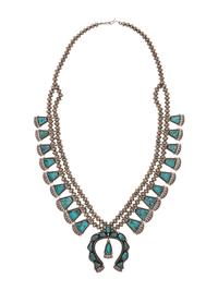 Silver and Black Diamond Turquoise Squash Blossom Necklace and Screwback Earring Set