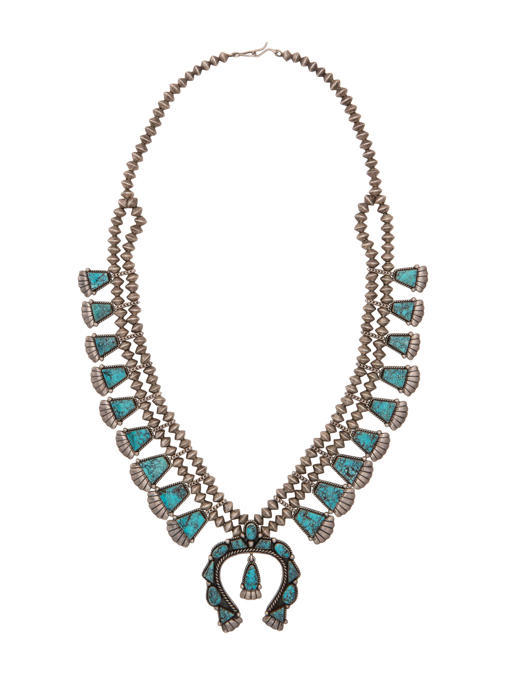 Silver and Black Diamond Turquoise Squash Blossom Necklace and Screwback Earring Set