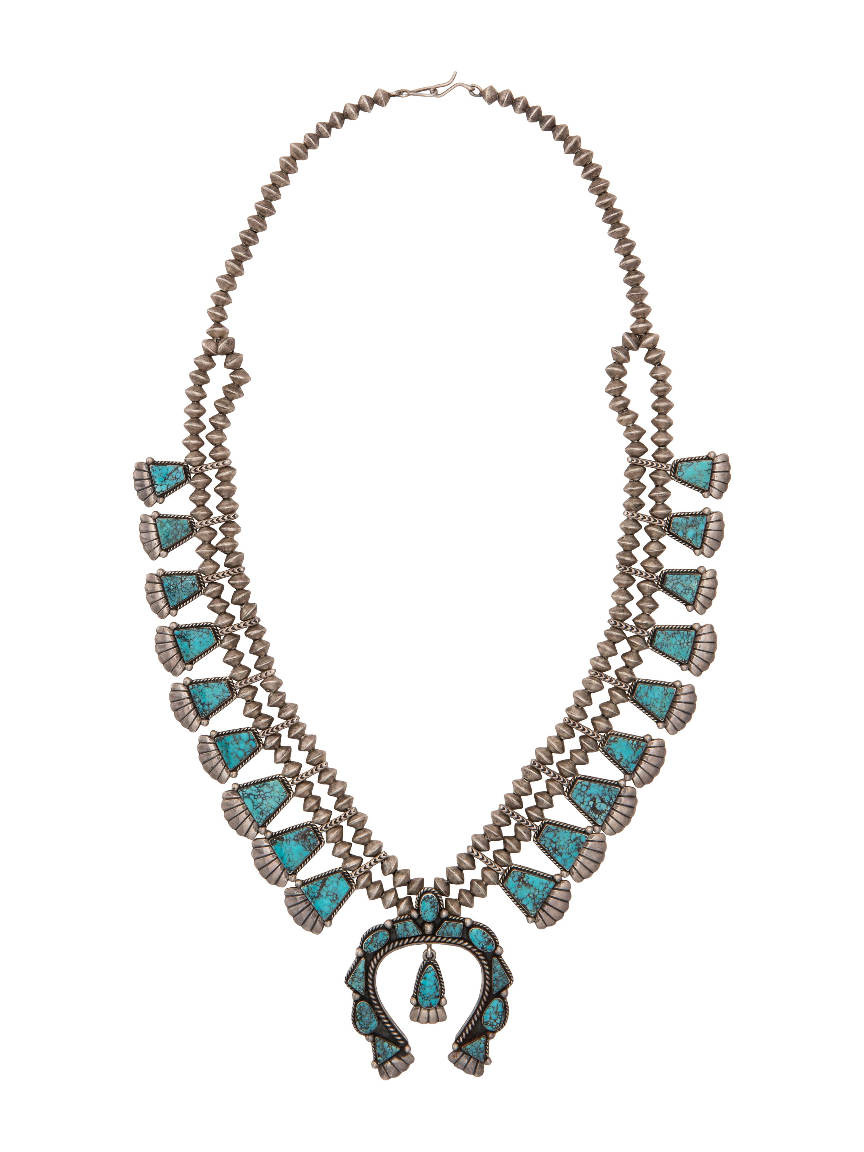 Silver and Black Diamond Turquoise Squash Blossom Necklace and Screwback Earring Set
