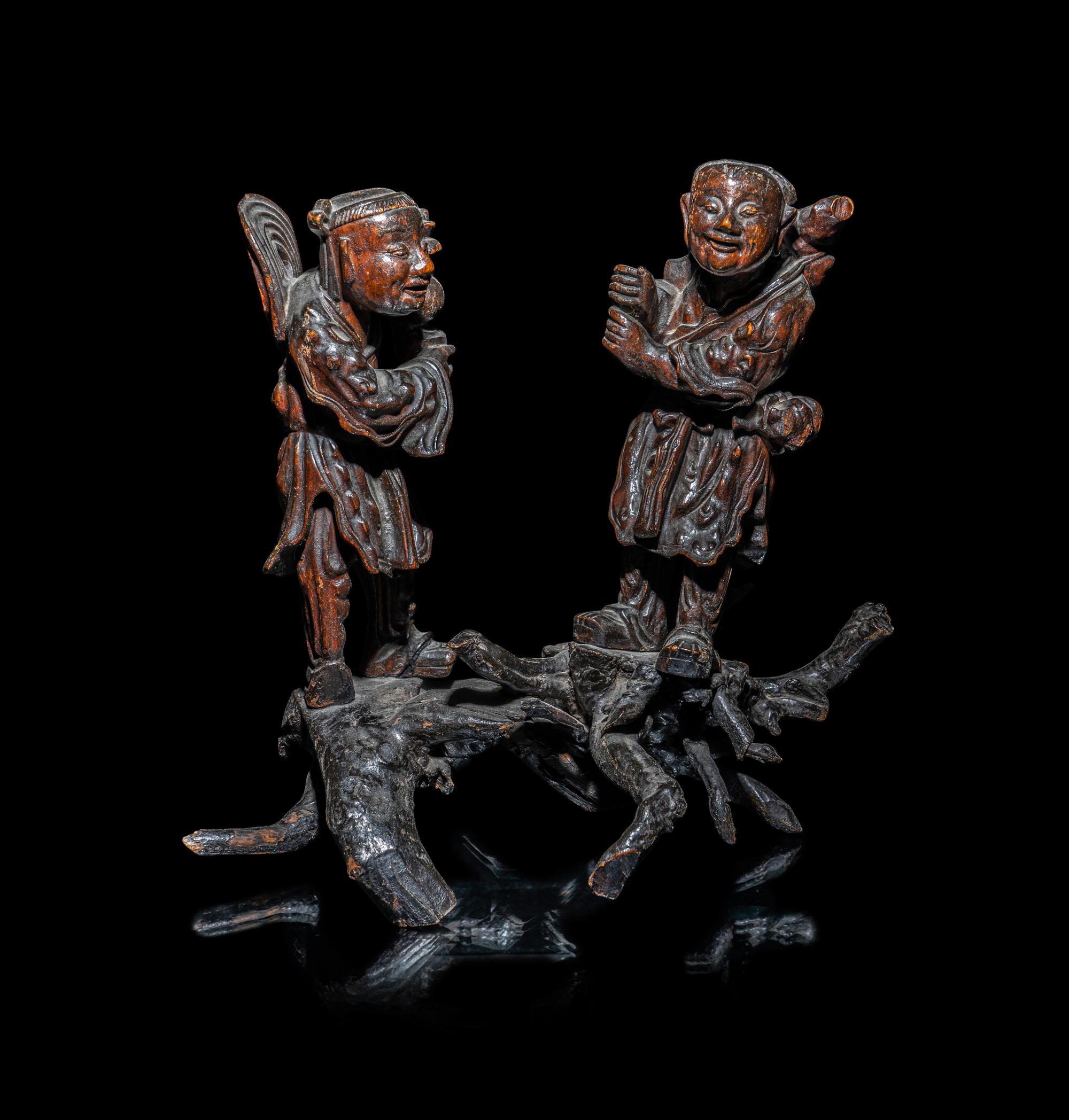 A Chinese Carved Wood Figure of Immortals Hehe Erxian