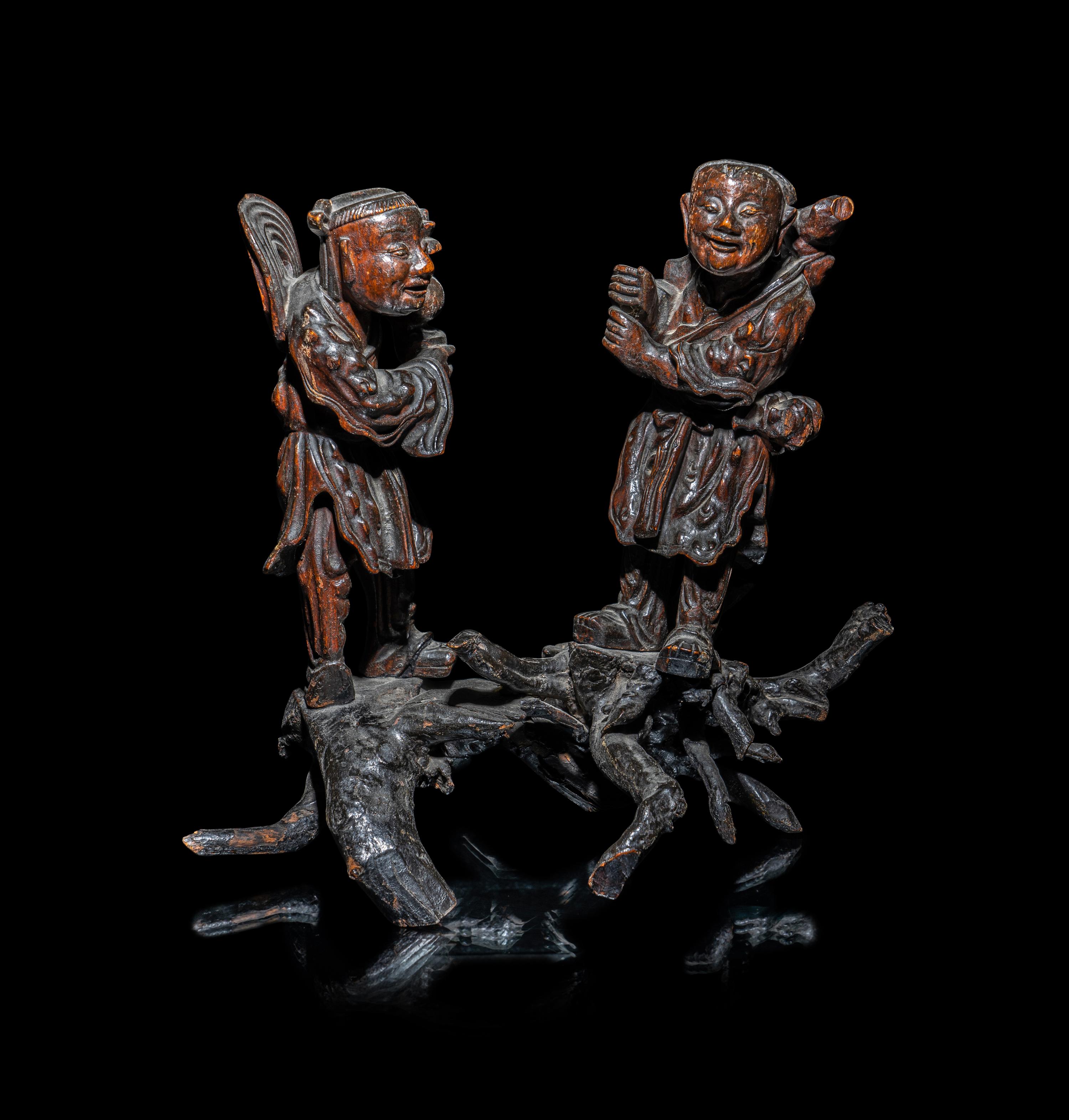 A Chinese Carved Wood Figure of Immortals Hehe Erxian
