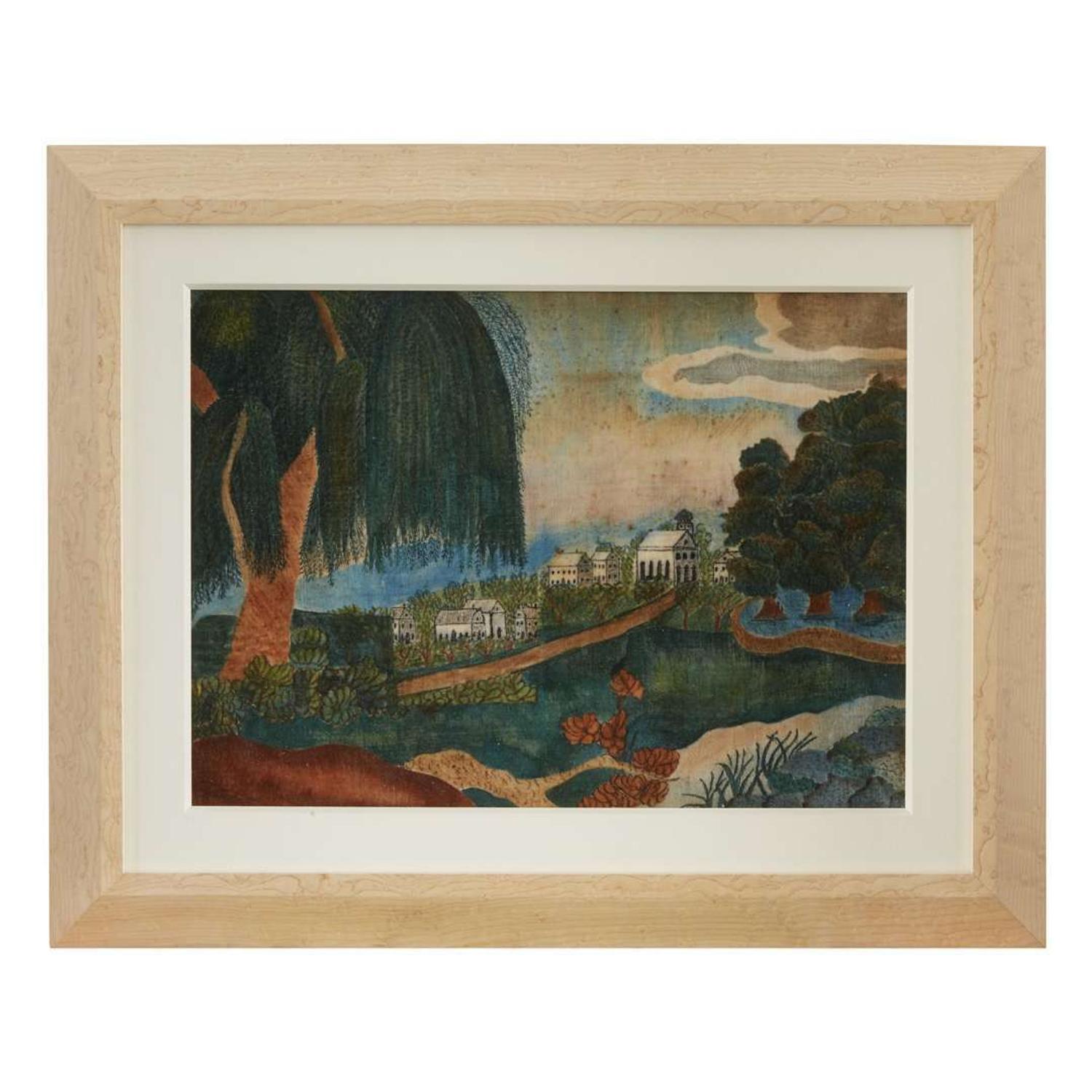 American School 19th century Theorem: landscape, Rezpah E. Eye, Portland, ME, circa 1820