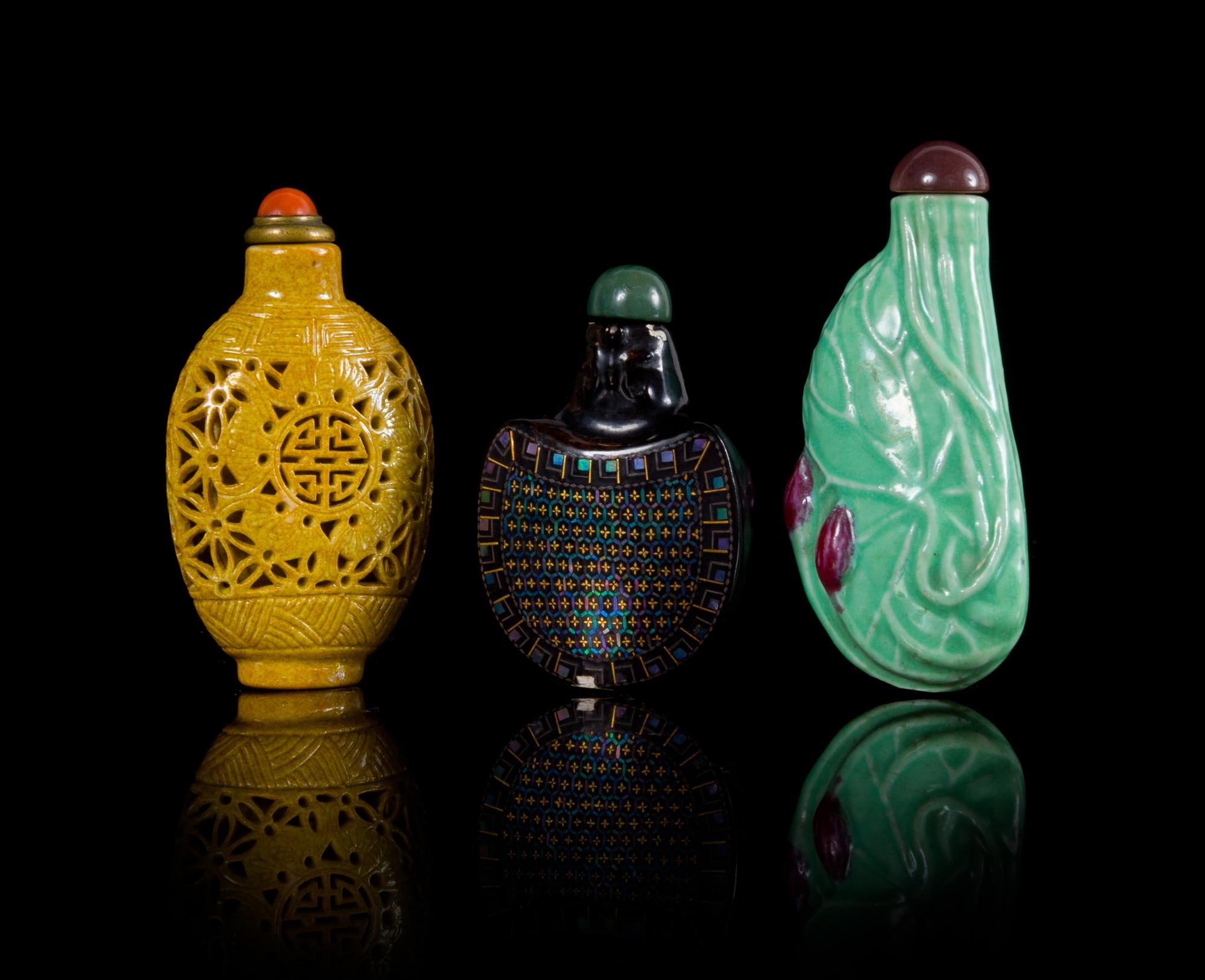 Three Snuff Bottles Height of tallest 3 inches. — QING DYNASTY (1644-1912)