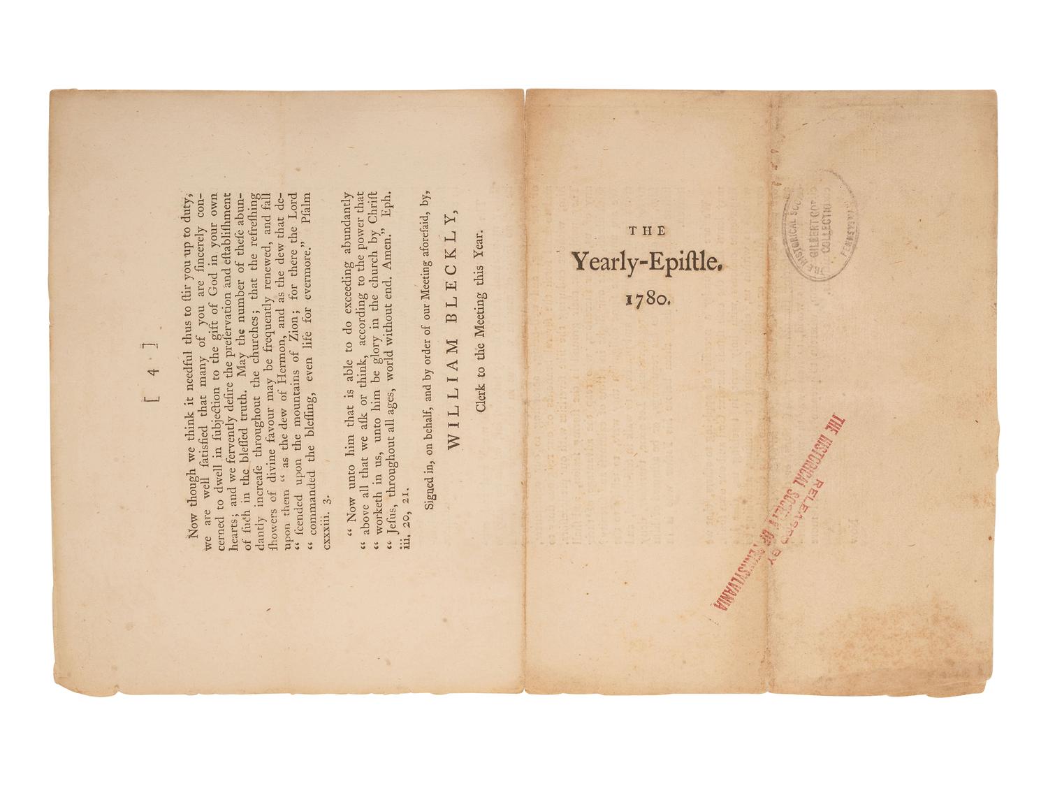 [ENSLAVEMENT & ABOLITION] -- [QUAKERS]. The Epistle from the Yearly-Meeting in London, Held by Adjournments, from the 15th of the Fifth Month 1780, to the 20th of the same, inclusive. [London]:[Society of Friends], [1780].