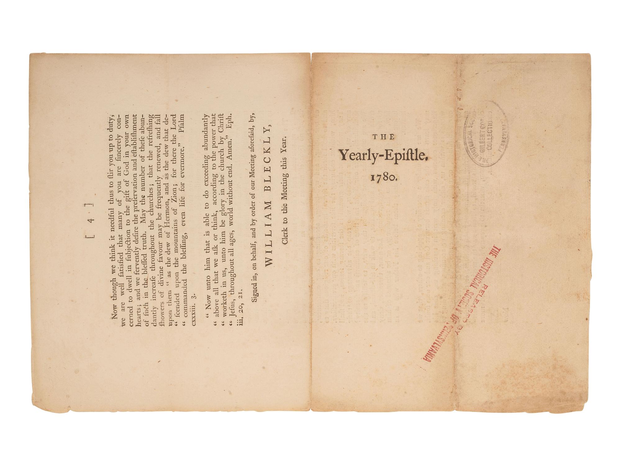 [ENSLAVEMENT & ABOLITION] -- [QUAKERS]. The Epistle from the Yearly-Meeting in London, Held by Adjournments, from the 15th of the Fifth Month 1780, to the 20th of the same, inclusive. [London]:[Society of Friends], [1780].