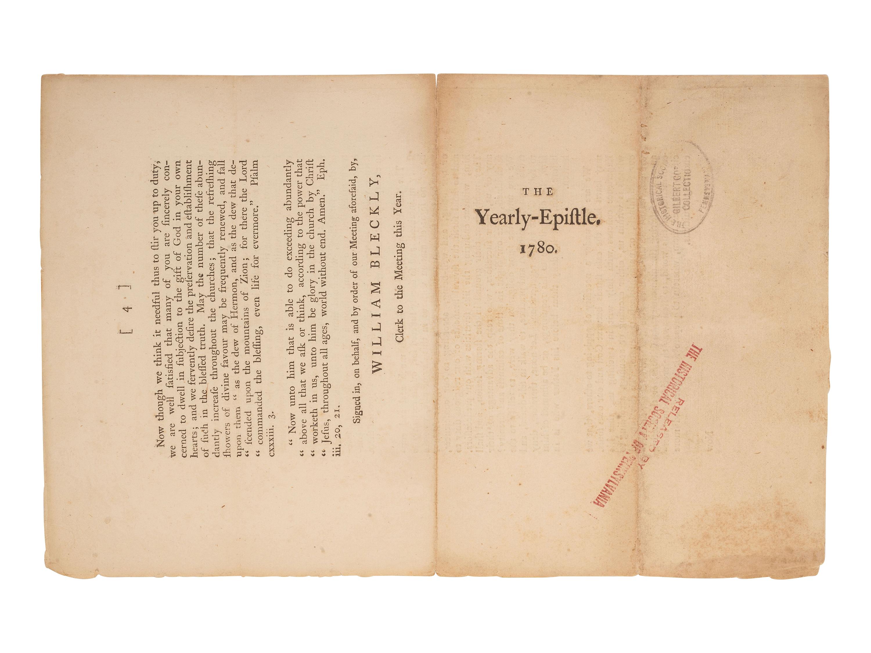 [ENSLAVEMENT & ABOLITION] -- [QUAKERS]. The Epistle from the Yearly-Meeting in London, Held by Adjournments, from the 15th of the Fifth Month 1780, to the 20th of the same, inclusive. [London]:[Society of Friends], [1780].