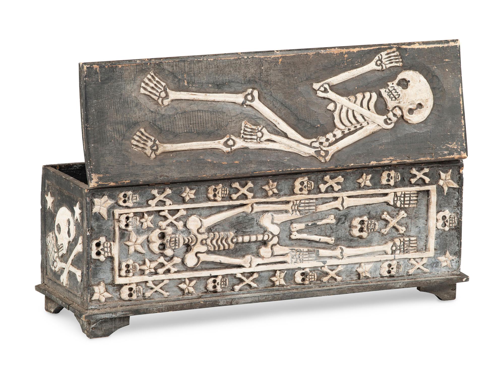 A Folk Art Carved and Painted Skeleton and Bone Decorated Blanket Chest