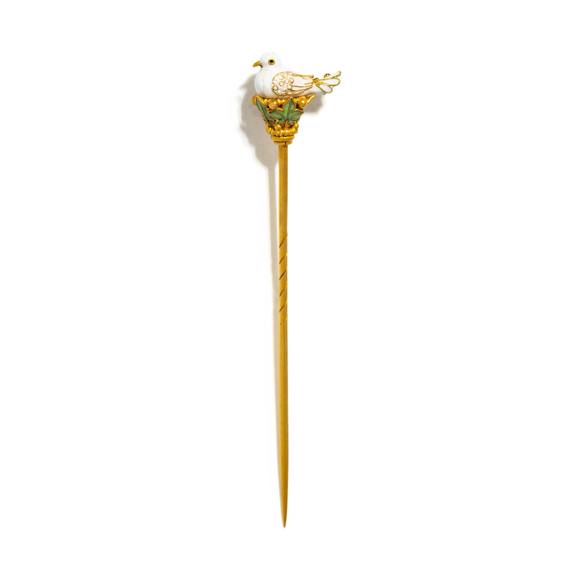 ANTIQUE, YELLOW GOLD AND ENAMEL PIGEON PIN