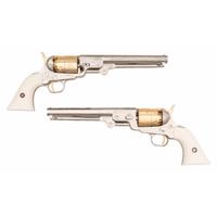 Display Cased Pair of Pietta .44 Caliber Plated & Engraved Reproduction Colt 1851 Navy Type Percussion Revolvers