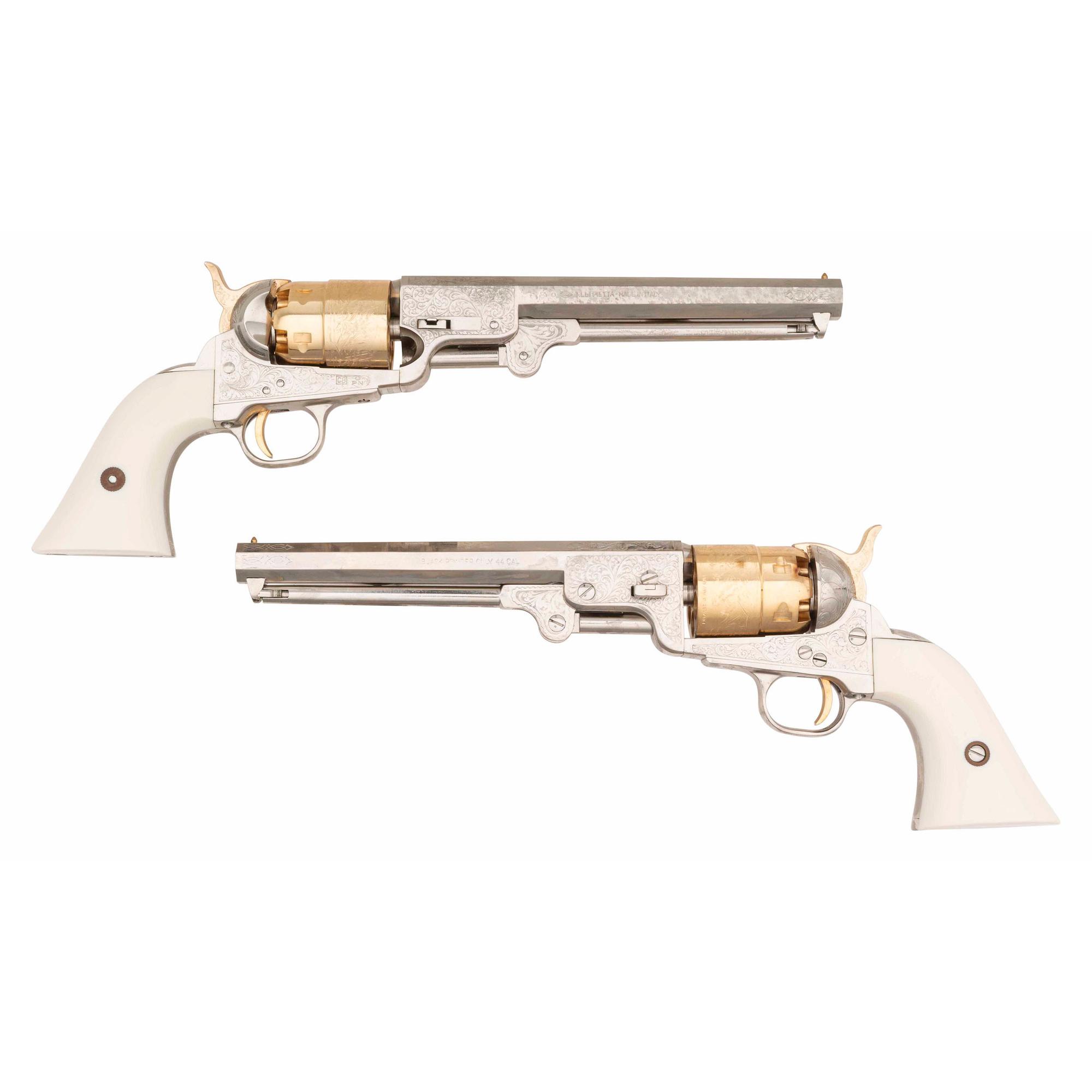 Display Cased Pair of Pietta .44 Caliber Plated & Engraved Reproduction Colt 1851 Navy Type Percussion Revolvers